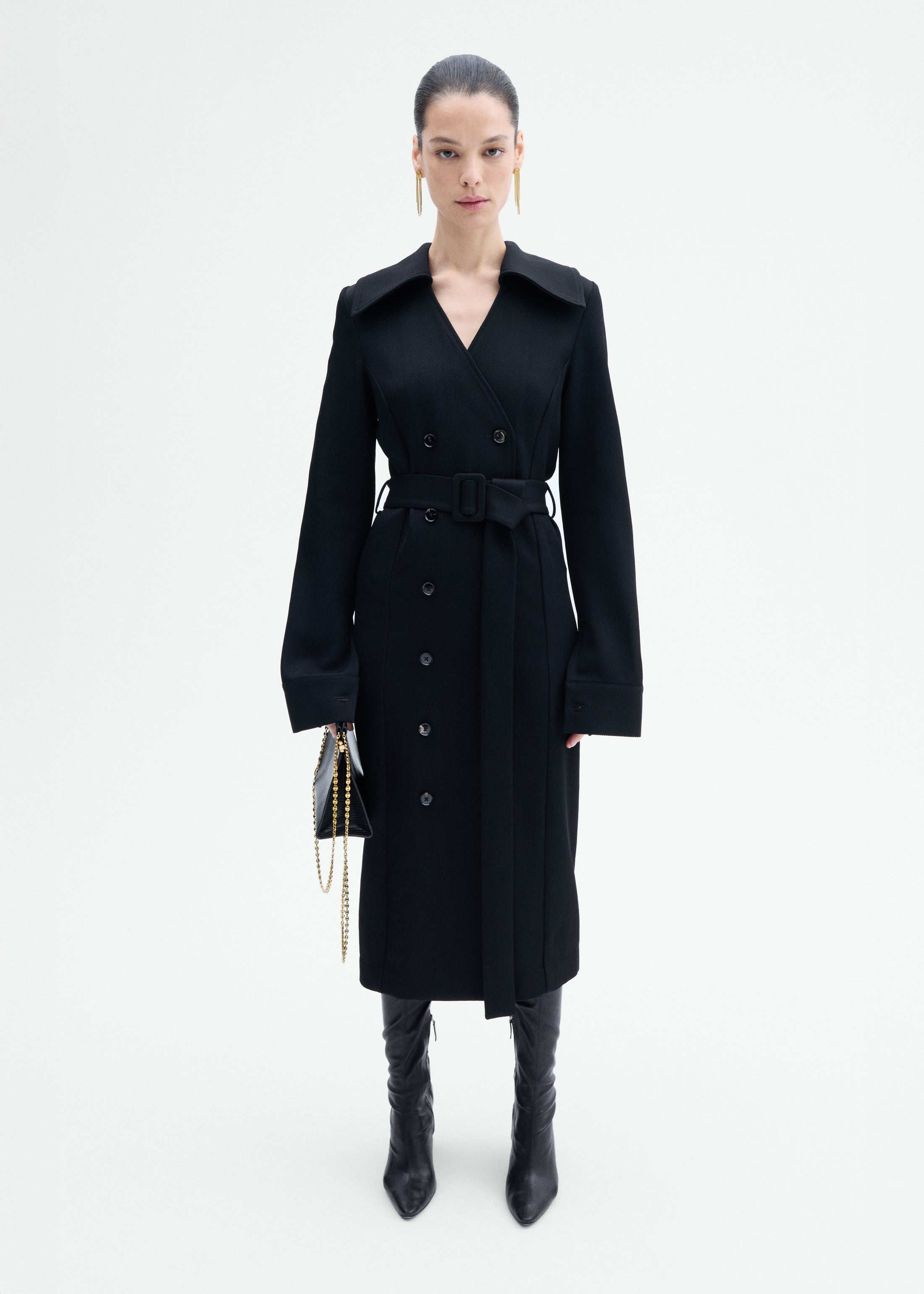 Belted Dress in Wool Twill - Black