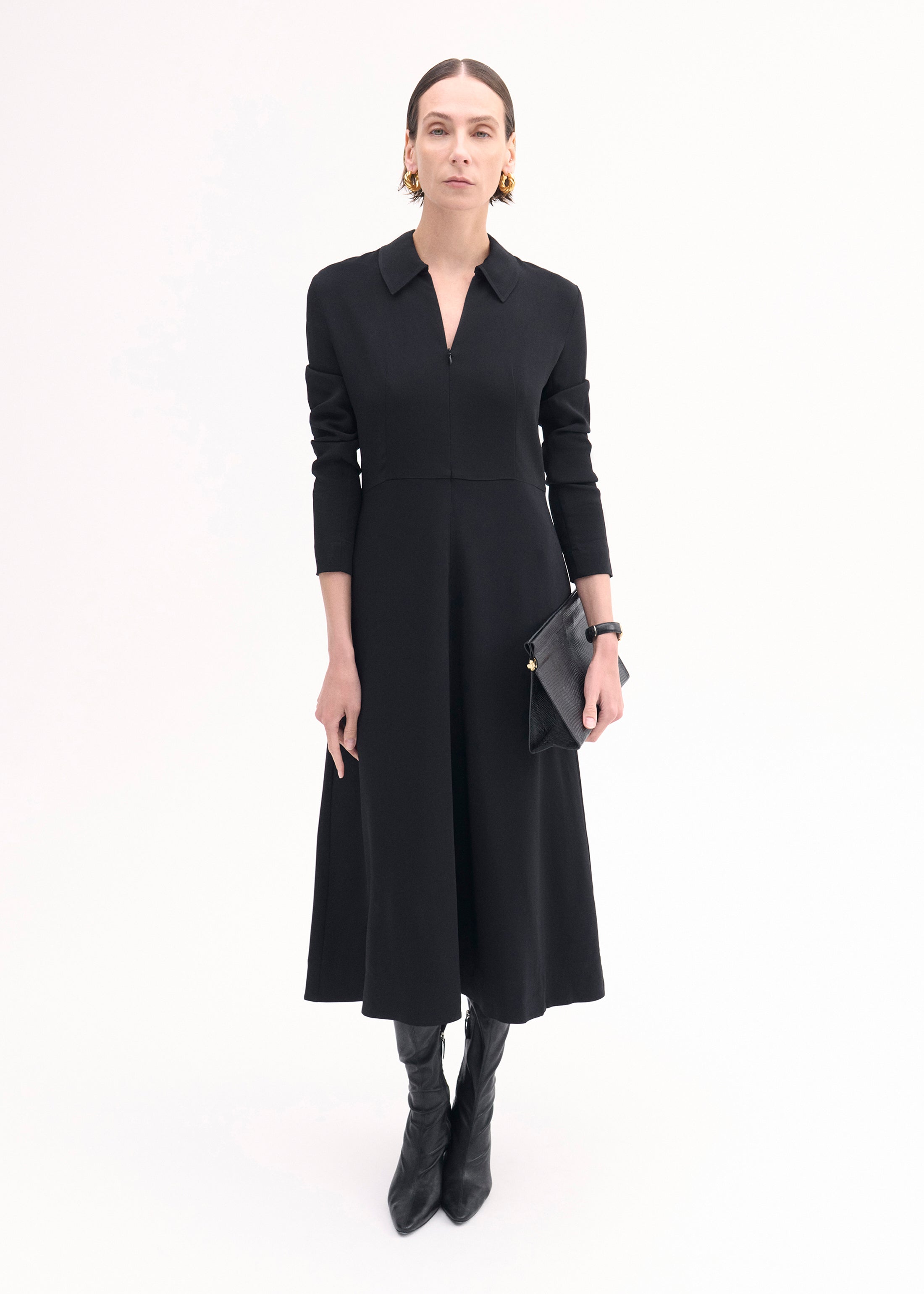Long Sleeve Shirt Dress in Crepe - Black