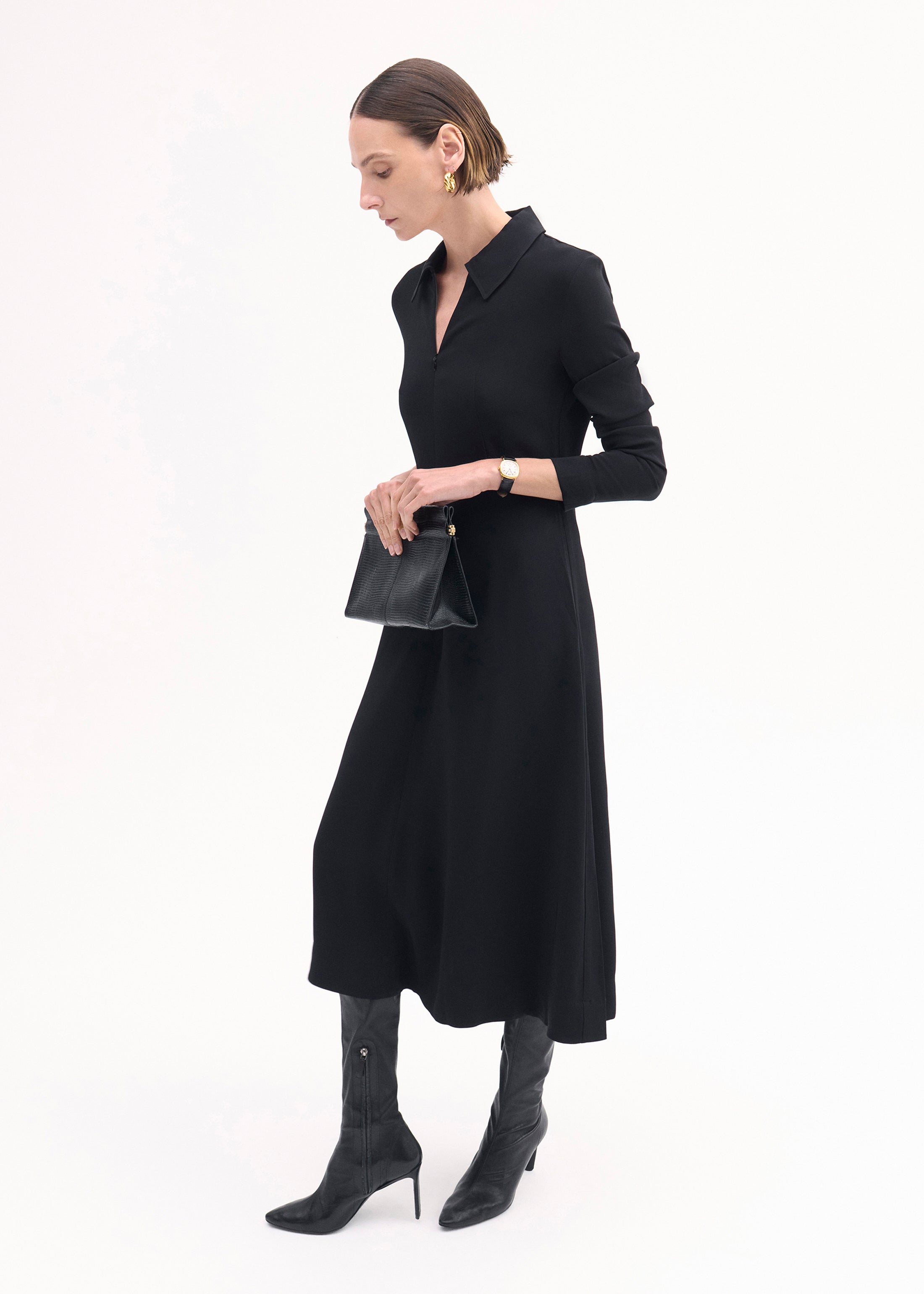 Long Sleeve Shirt Dress in Crepe - Black