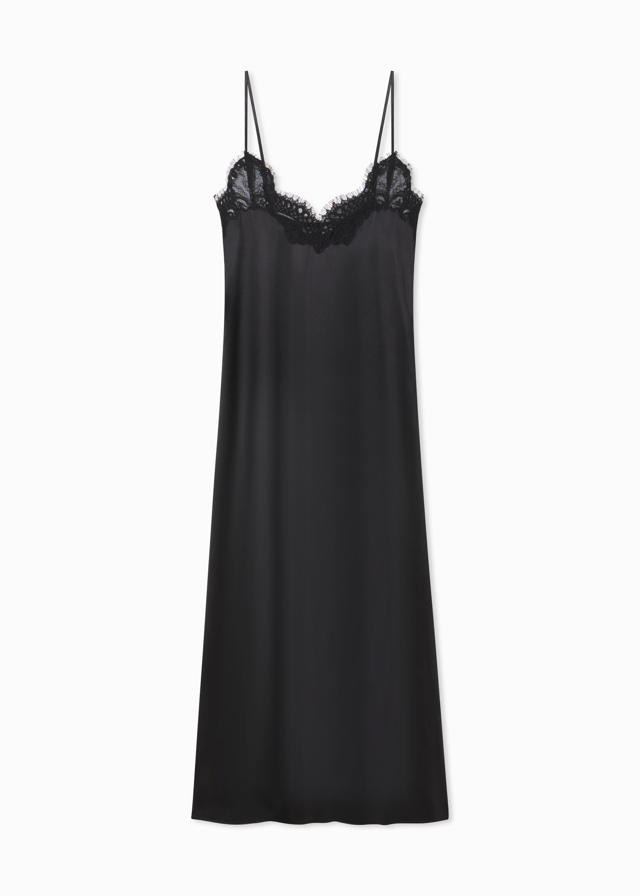 Lace Slip Dress in Silk Satin - Black