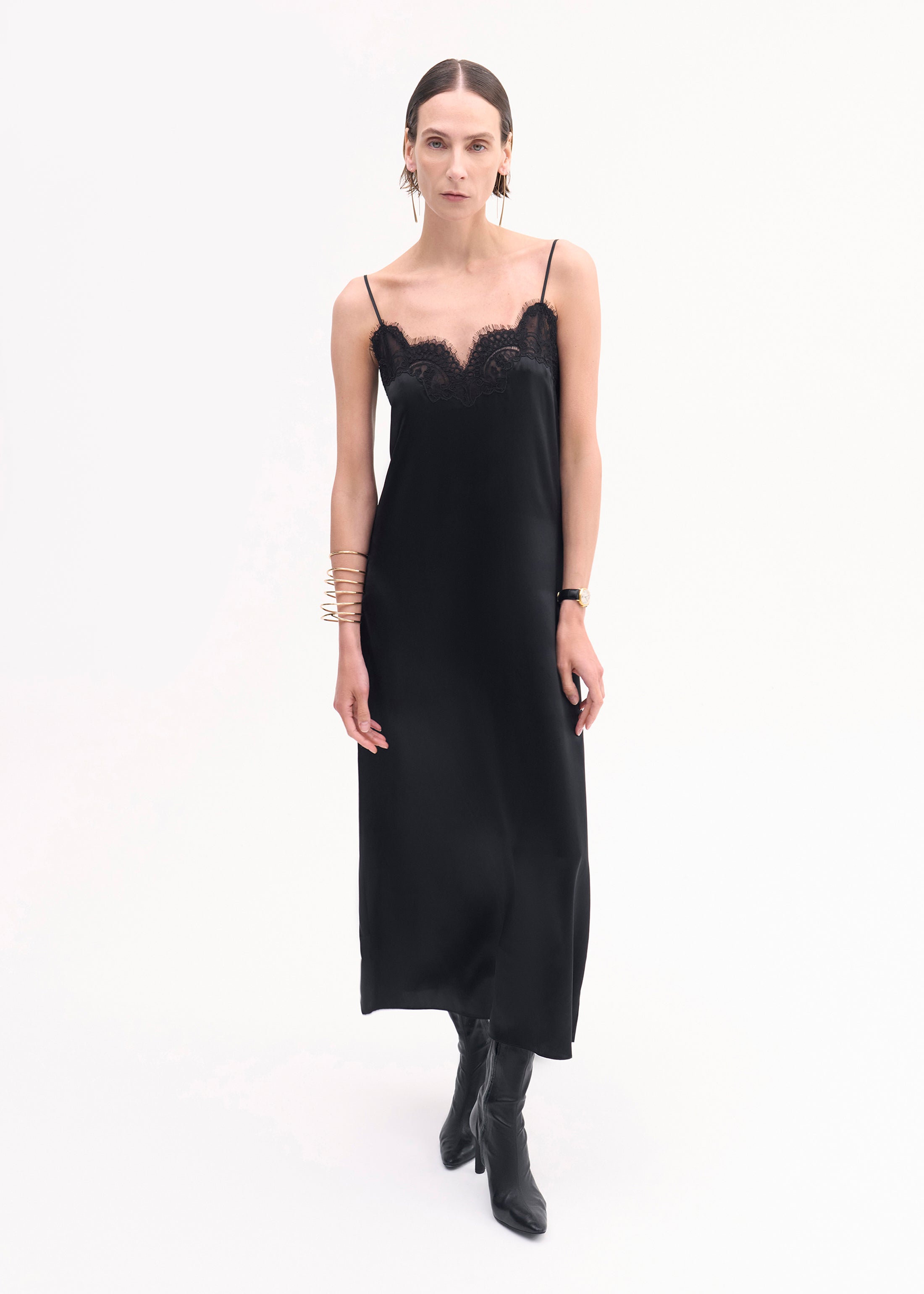 Lace Slip Dress in Silk Satin - Black