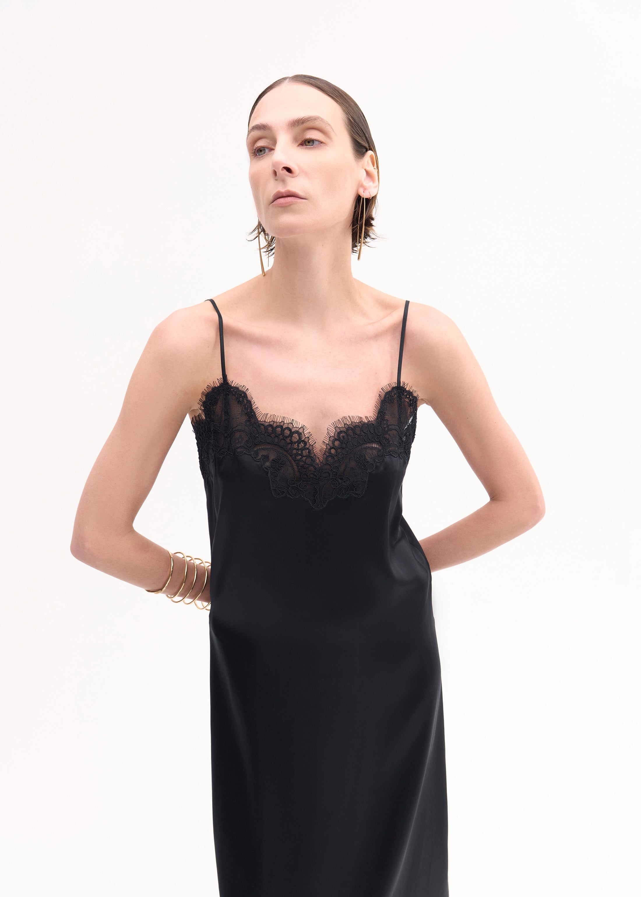 Lace Slip Dress in Silk Satin - Black