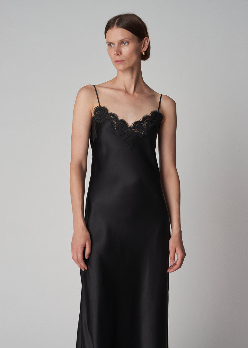 Lace Slip Dress in Silk Satin - Black - CO