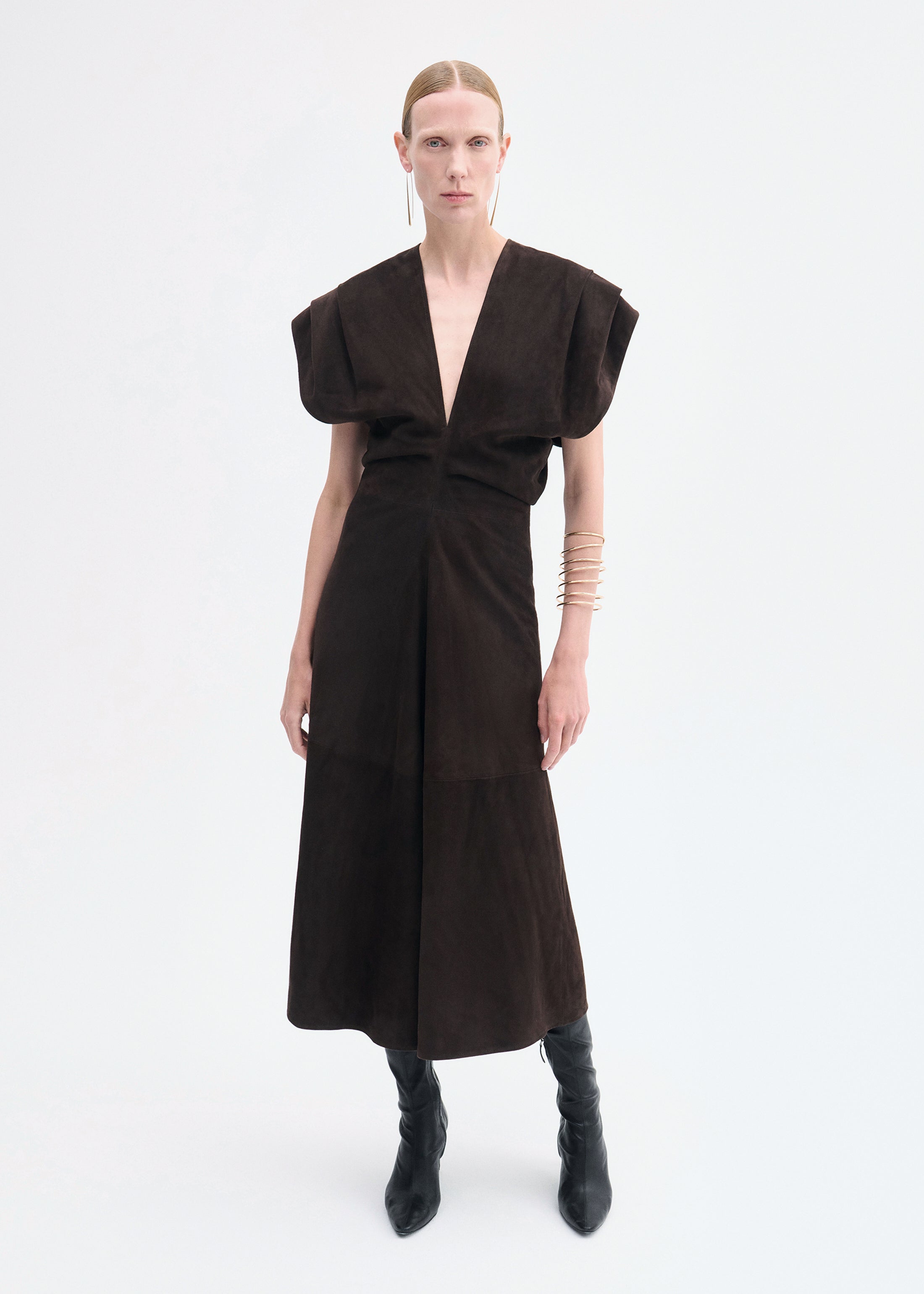 Sculpted Midi Dress in Suede - Chocolate