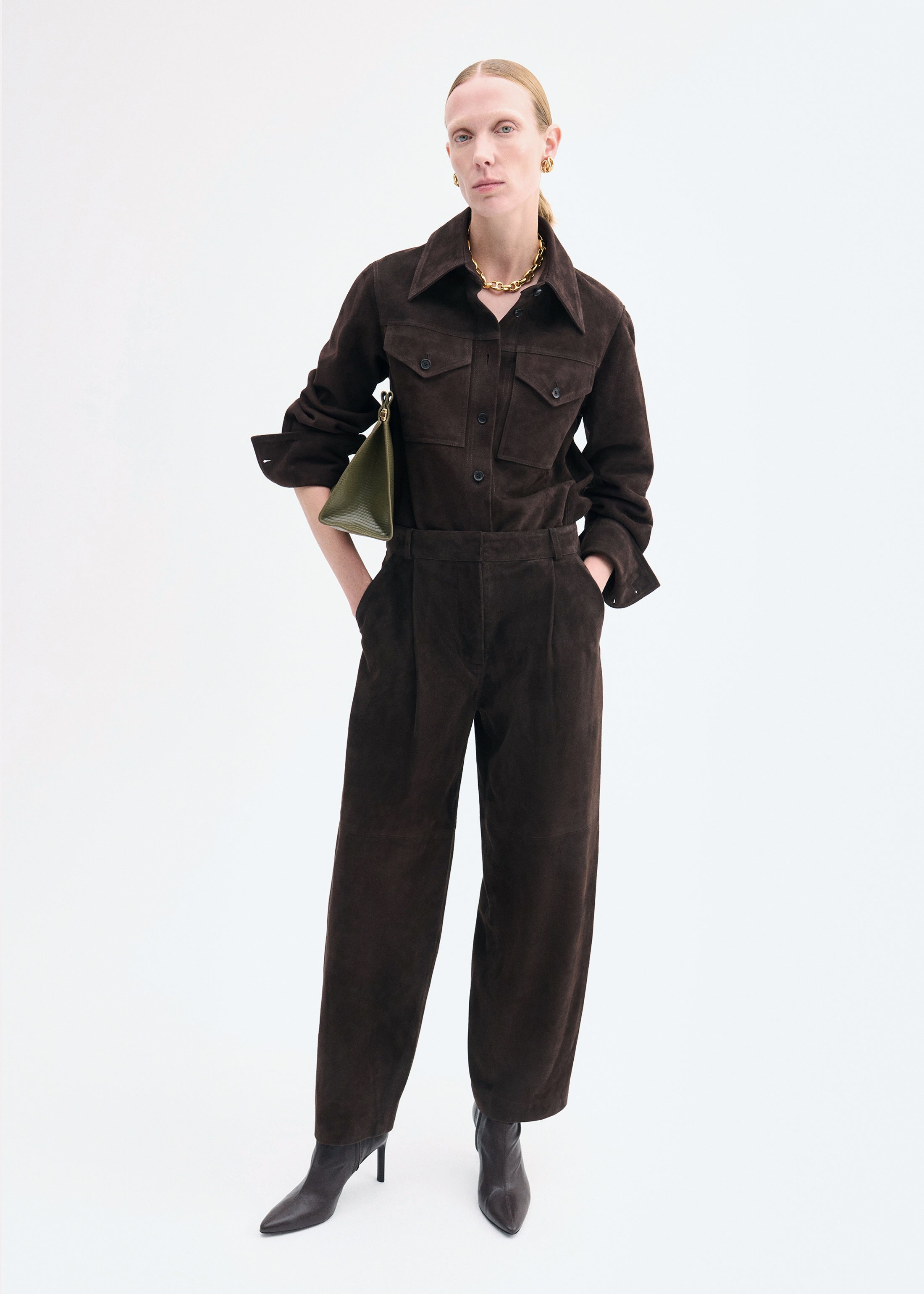 Curved Trouser in Suede - Chocolate