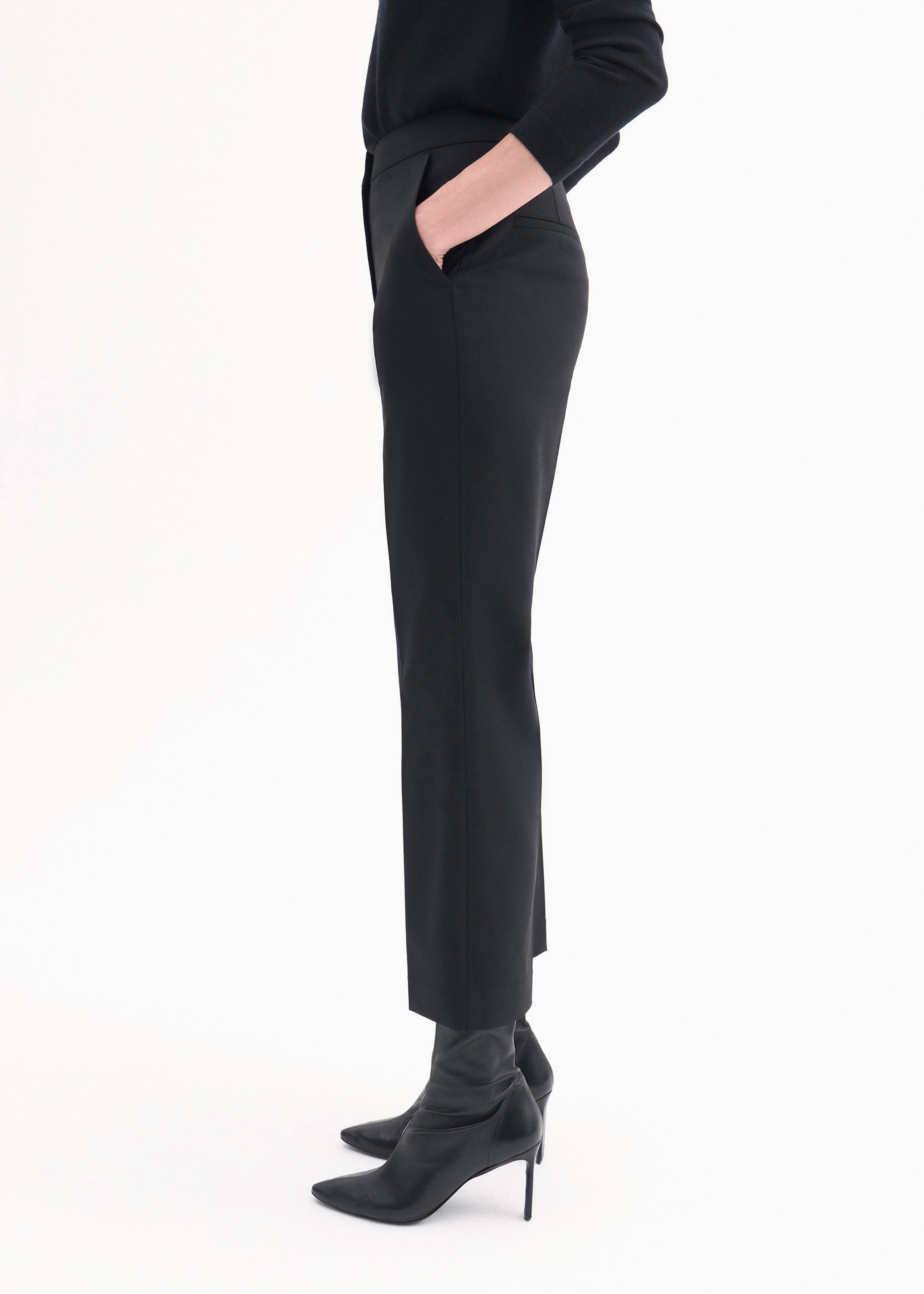 Cropped Cigarette Trouser in Virgin Wool - Black