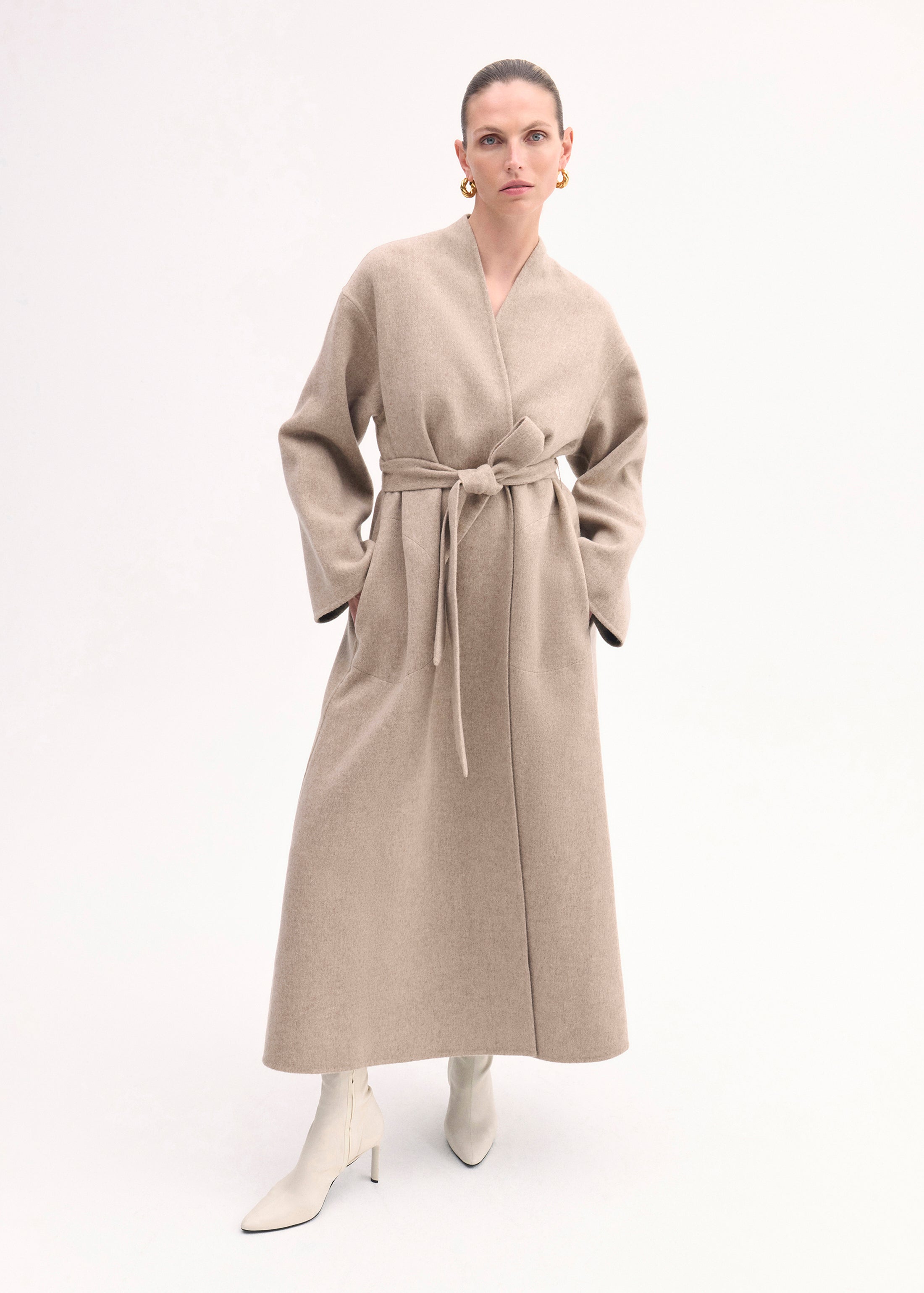 Wrap Coat in Double Faced Wool Cashmere - Taupe