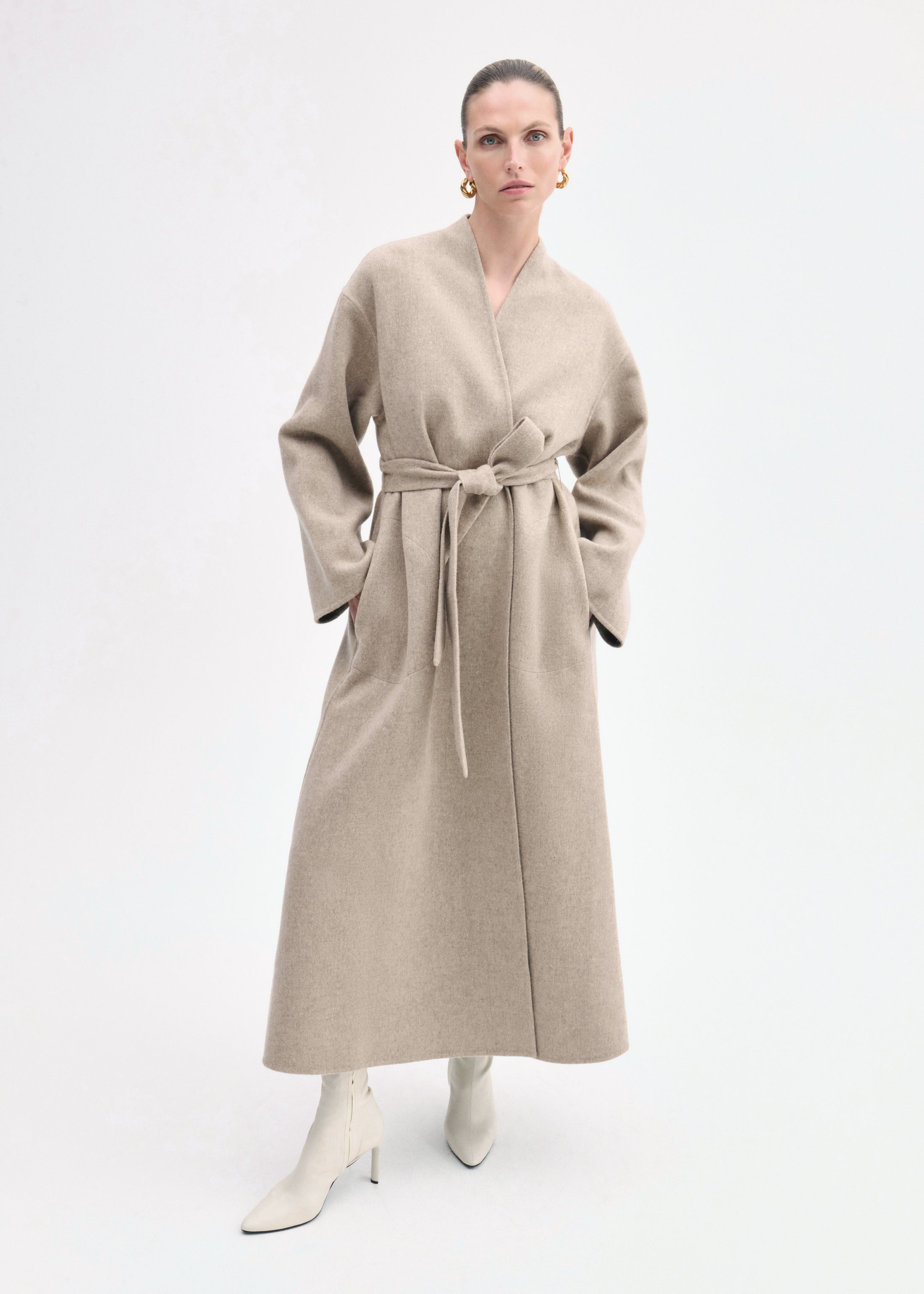 Wrap Coat in Double Faced Wool Cashmere - Taupe