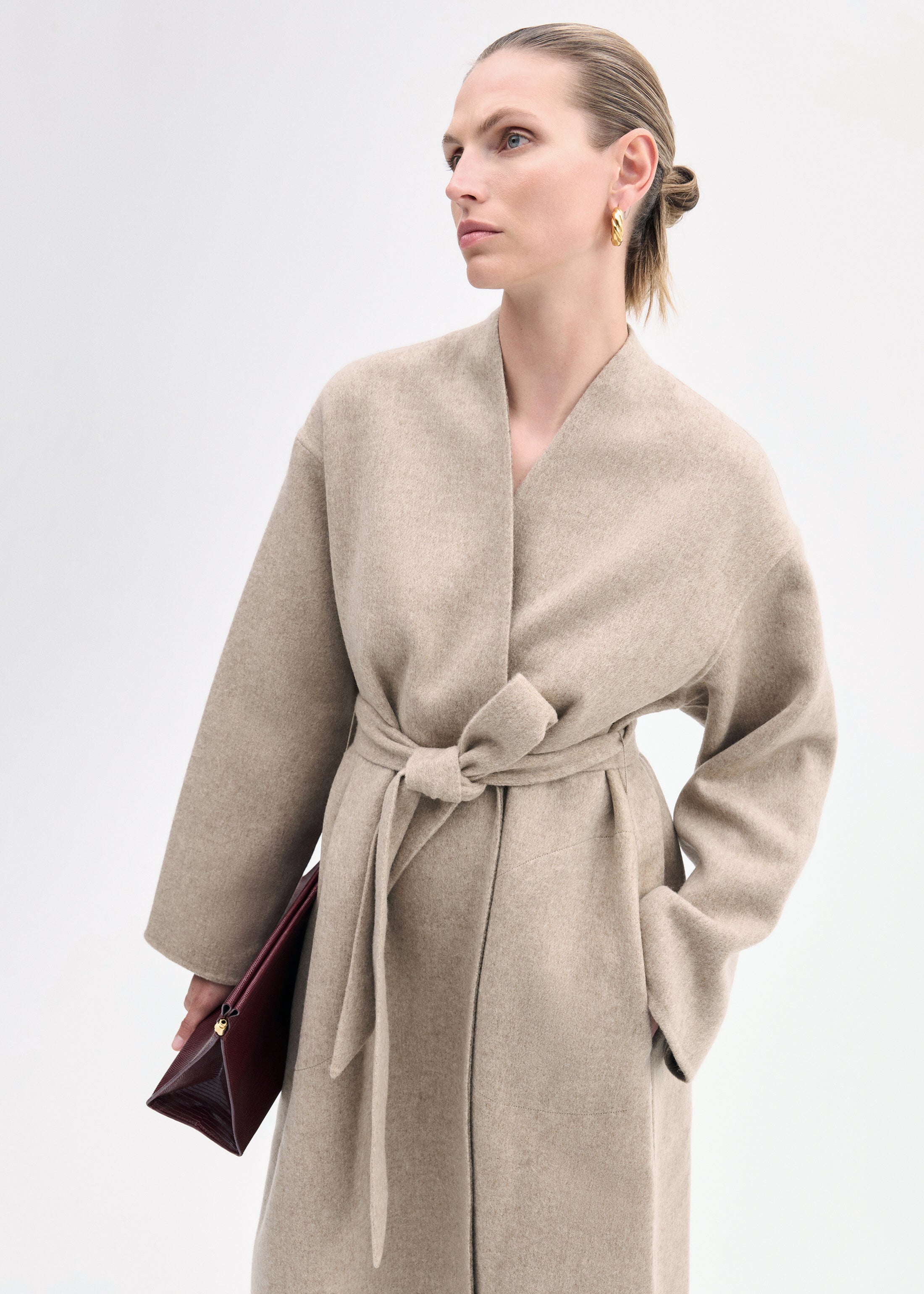 Wrap Coat in Double Faced Wool Cashmere - Taupe