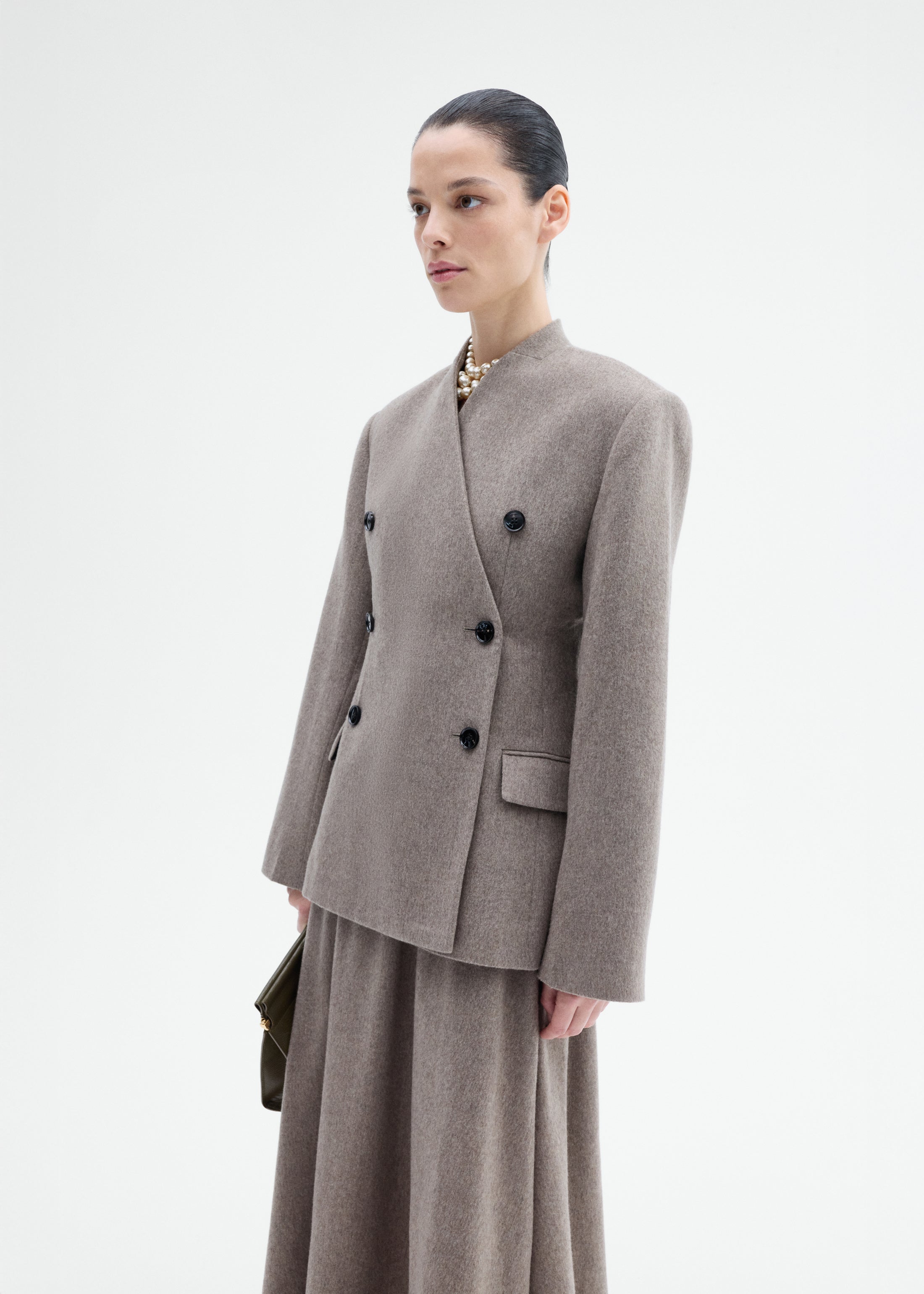 Sculptural Collarless Blazer in Wool Cashmere - Oatmeal