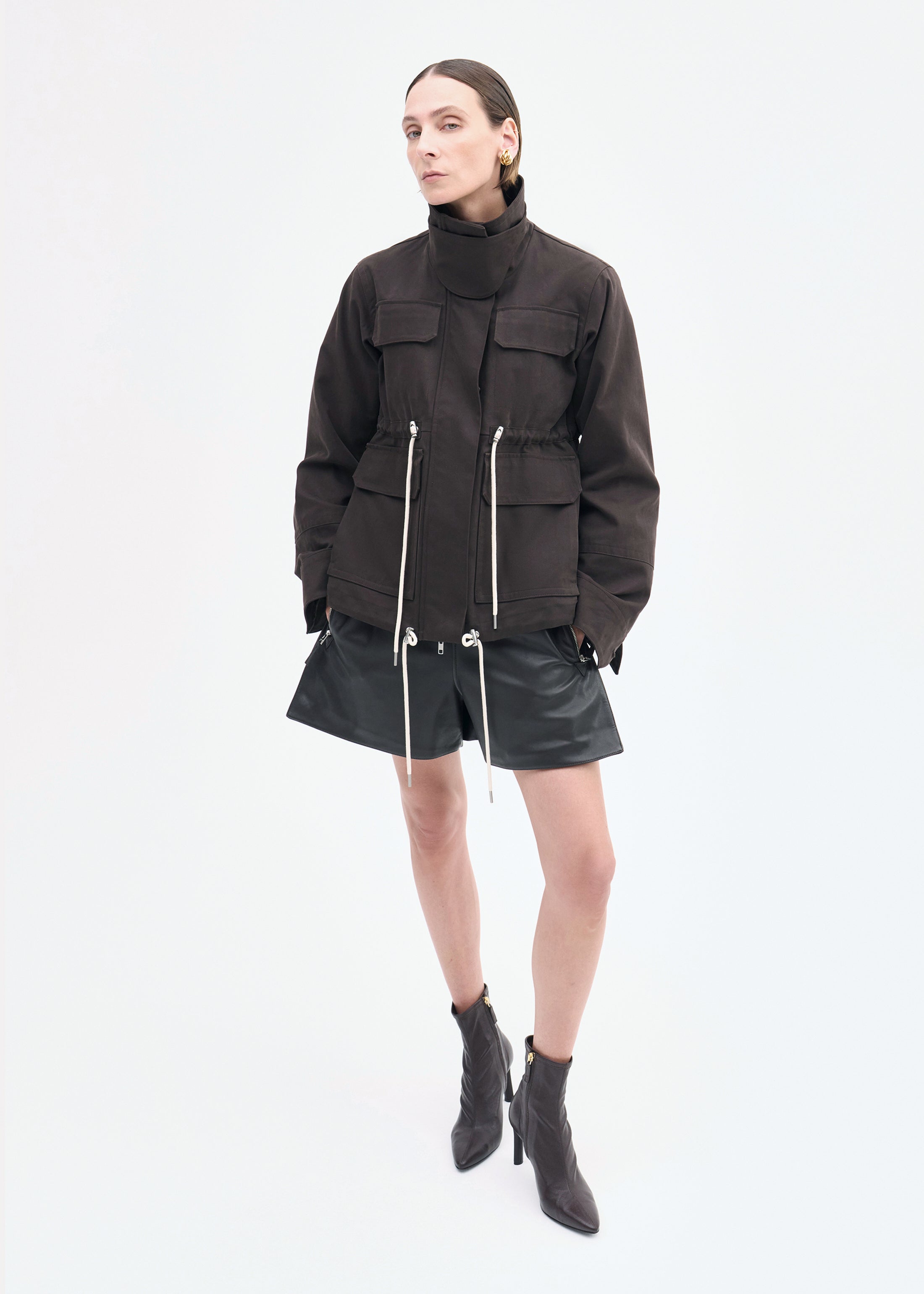 Military Jacket in Brushed Cotton - Chocolate