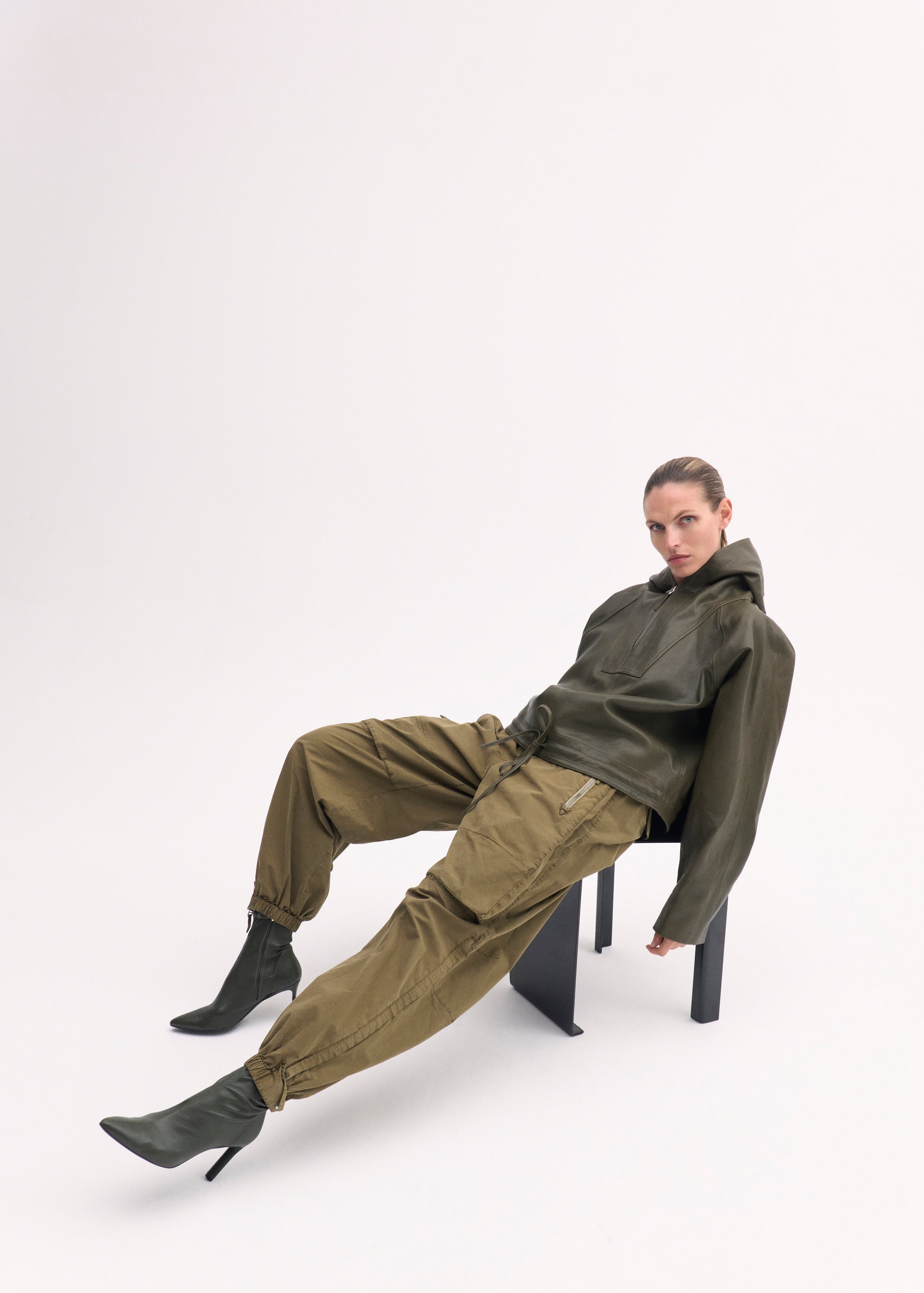 Heeled Leather Sock Bootie in Olive