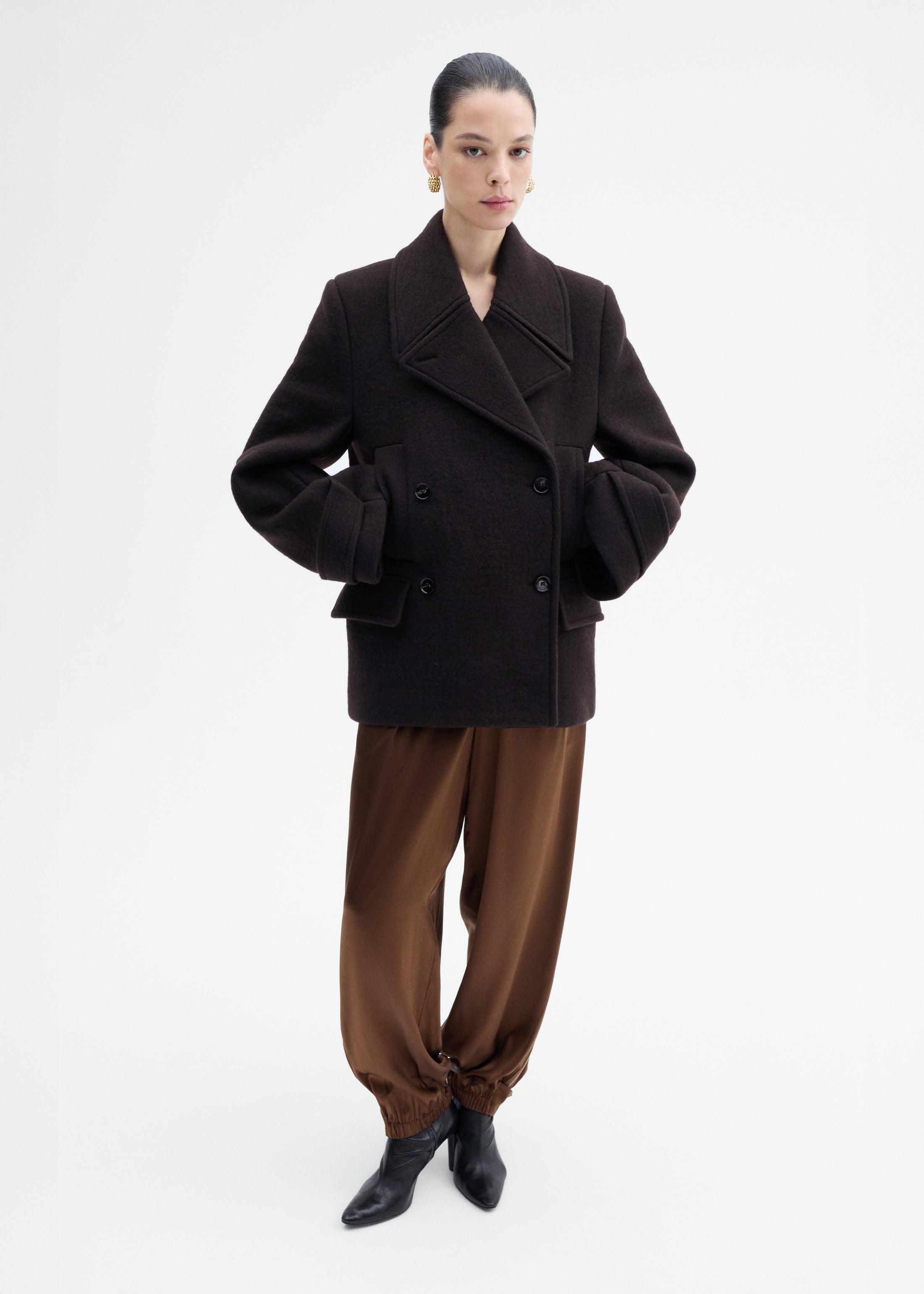 Double Faced Wool Peacoat - Brown Multi