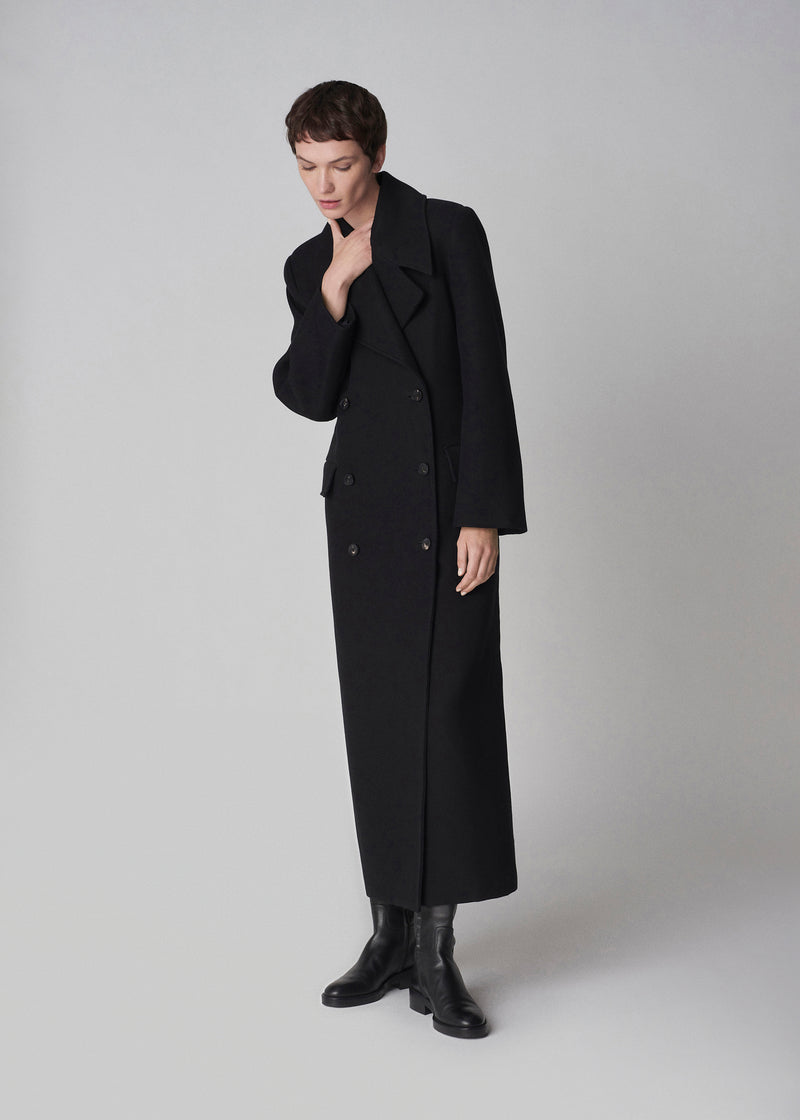 Long Peacoat in Double Cotton - Black - CO