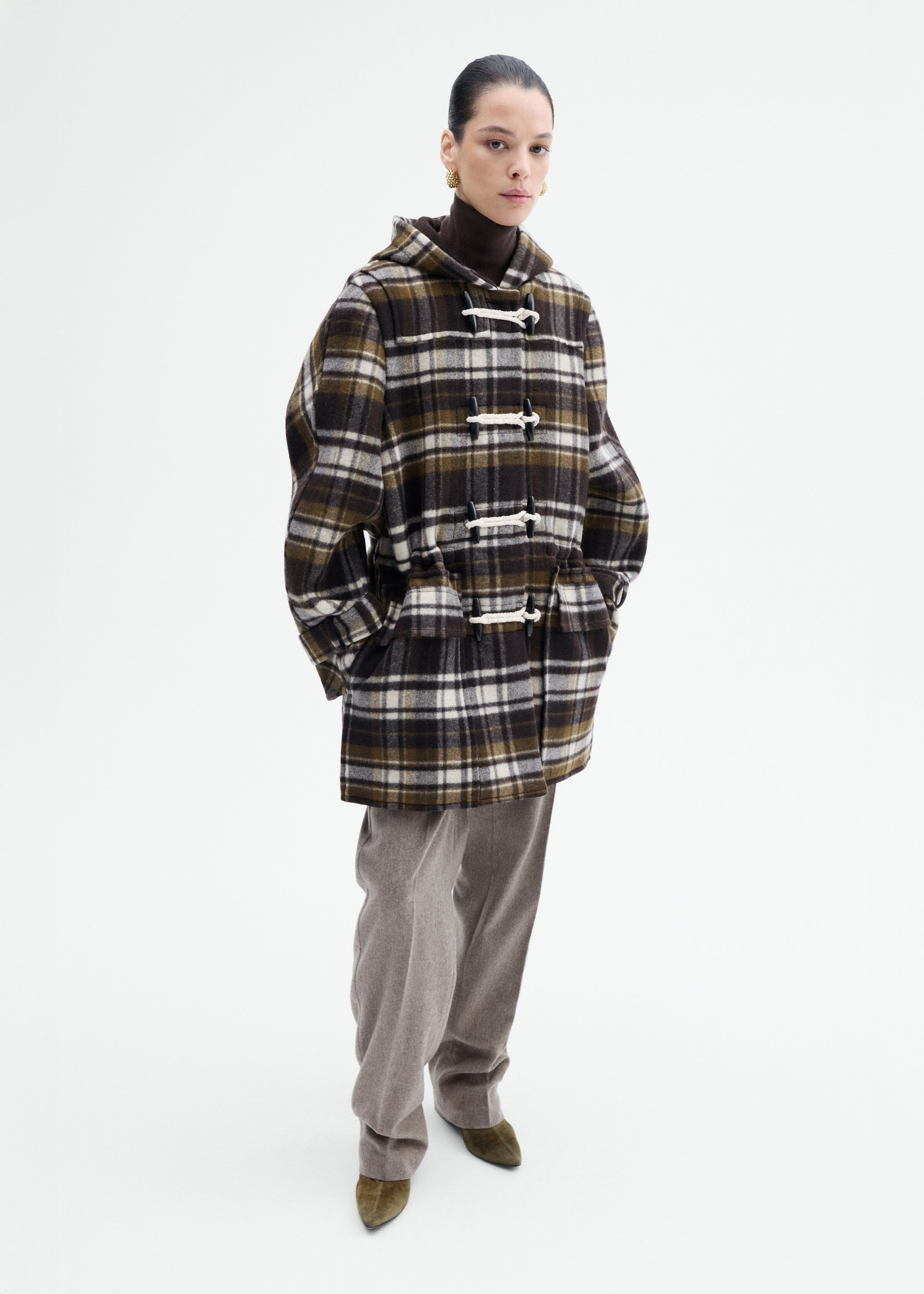 Checked Wool Duffle Coat - Brown Multi