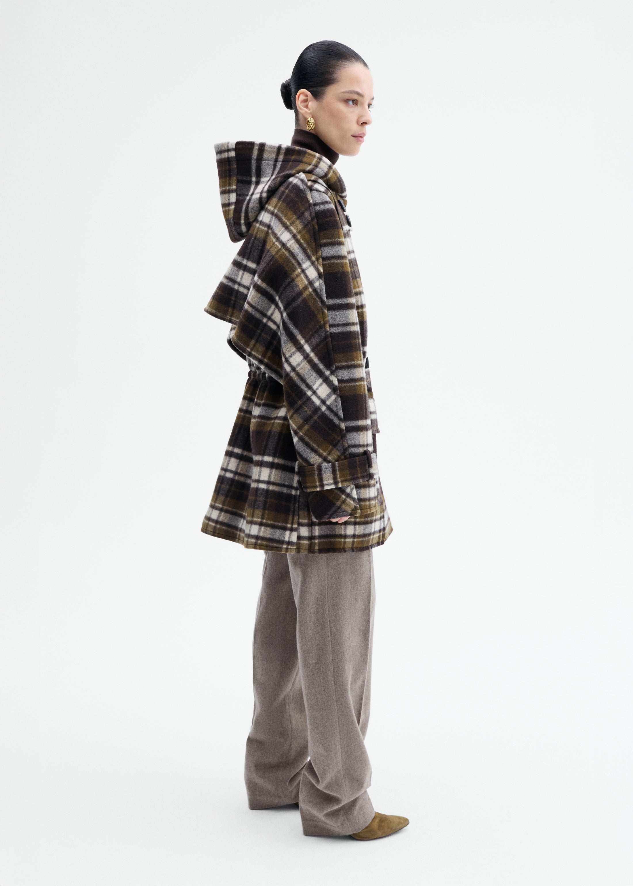 Checked Wool Duffle Coat - Brown Multi