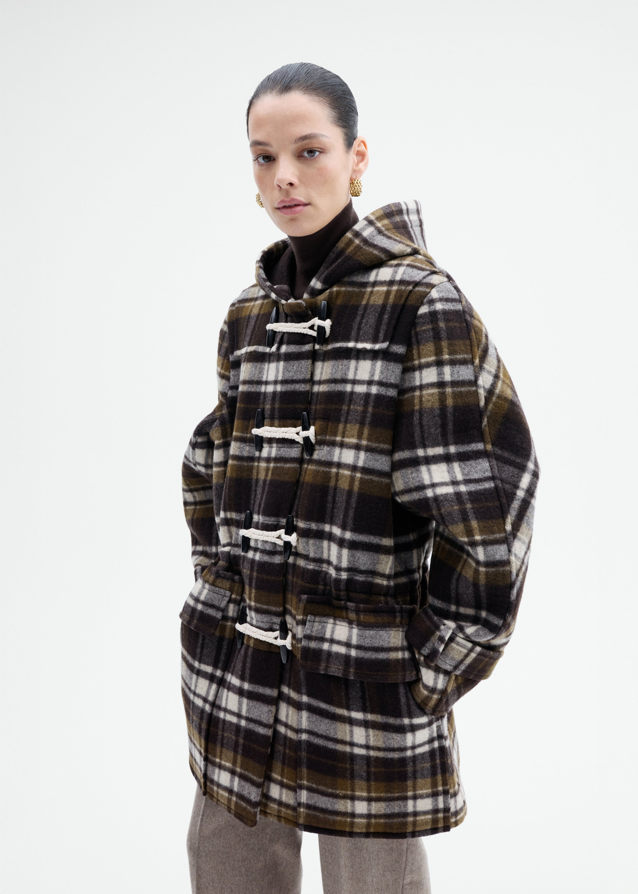 Checked Wool Duffle Coat - Brown Multi