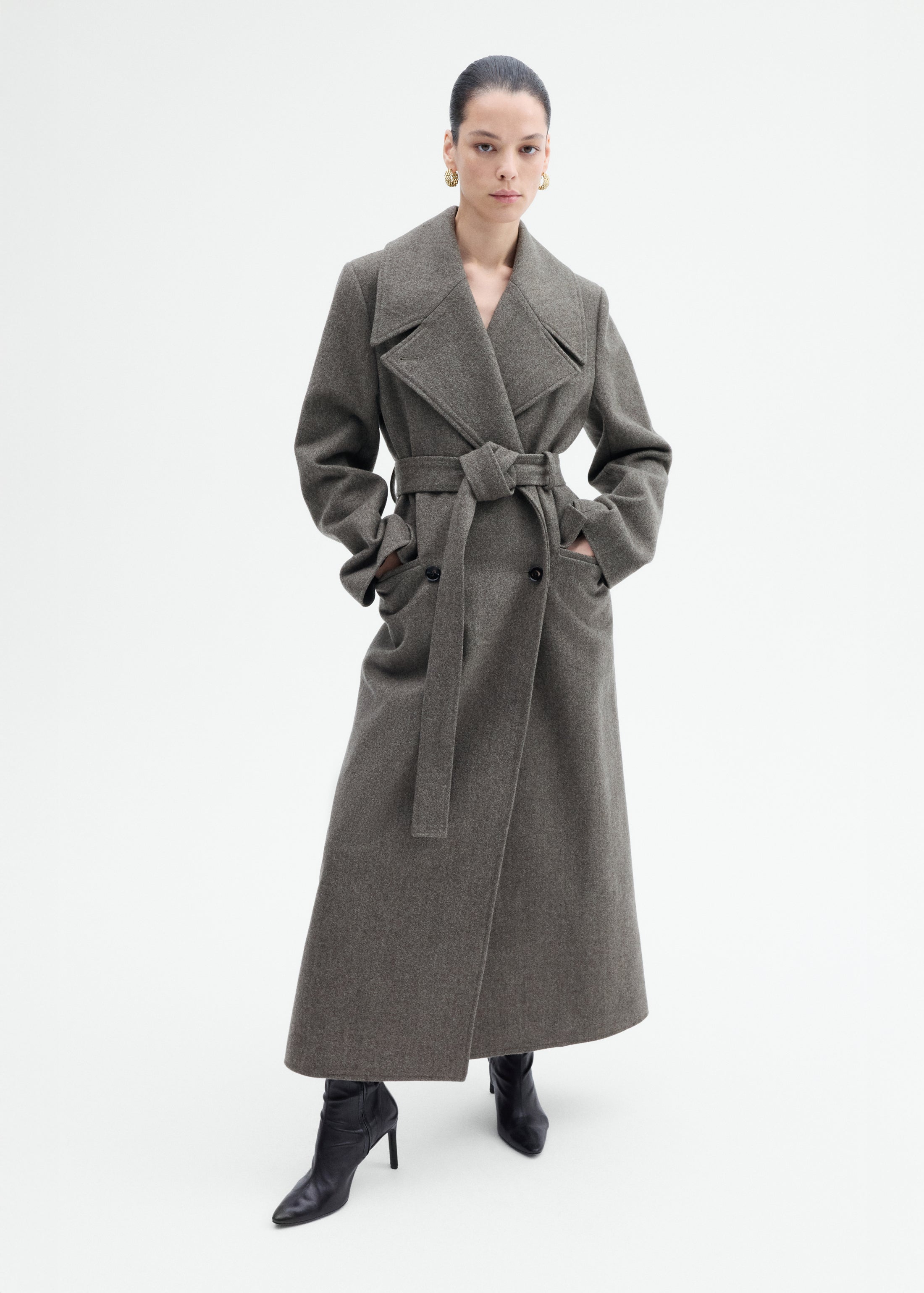 Belted Peacoat in Melange Wool - Green