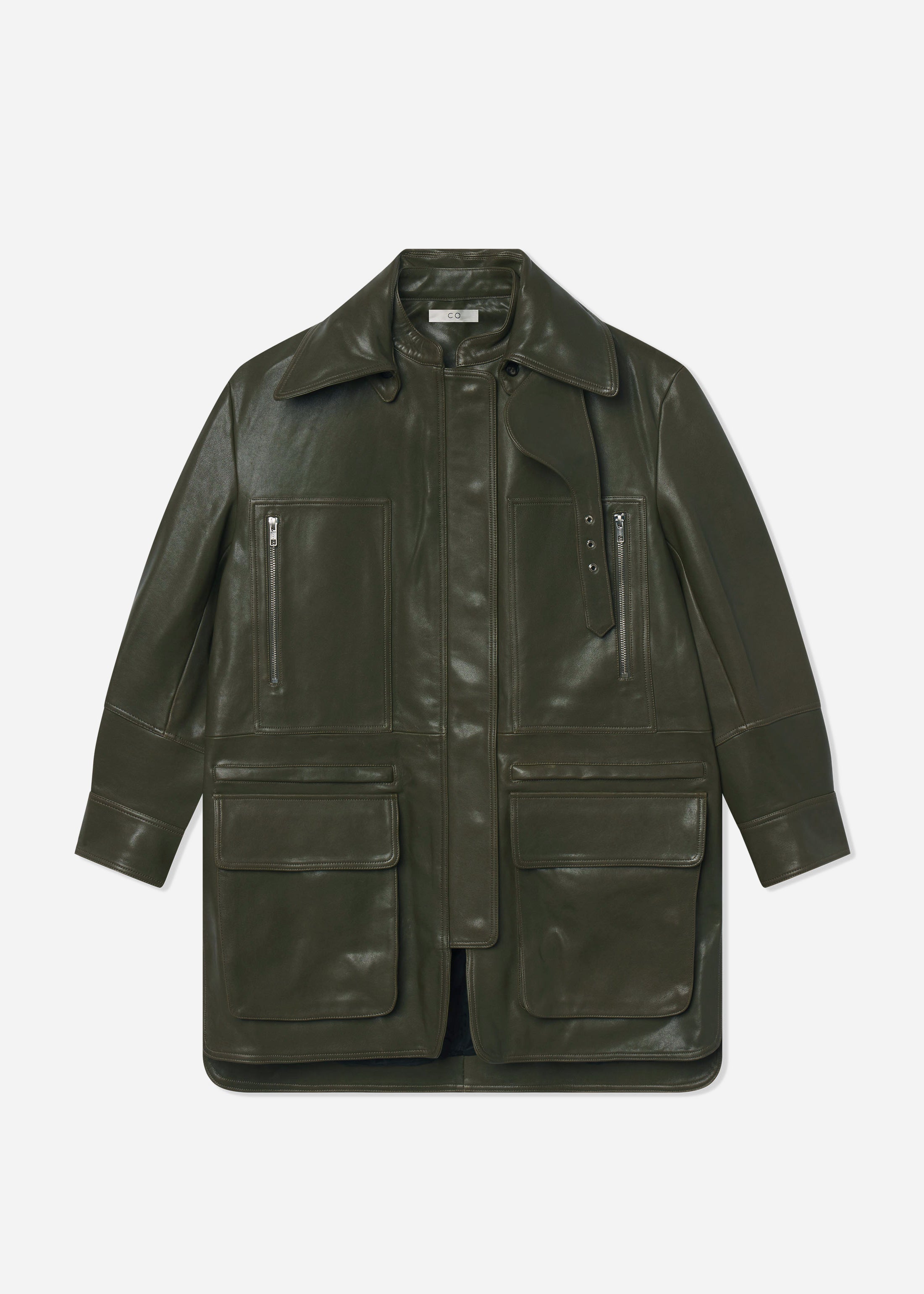 Oversized Field Jacket in Leather - Olive