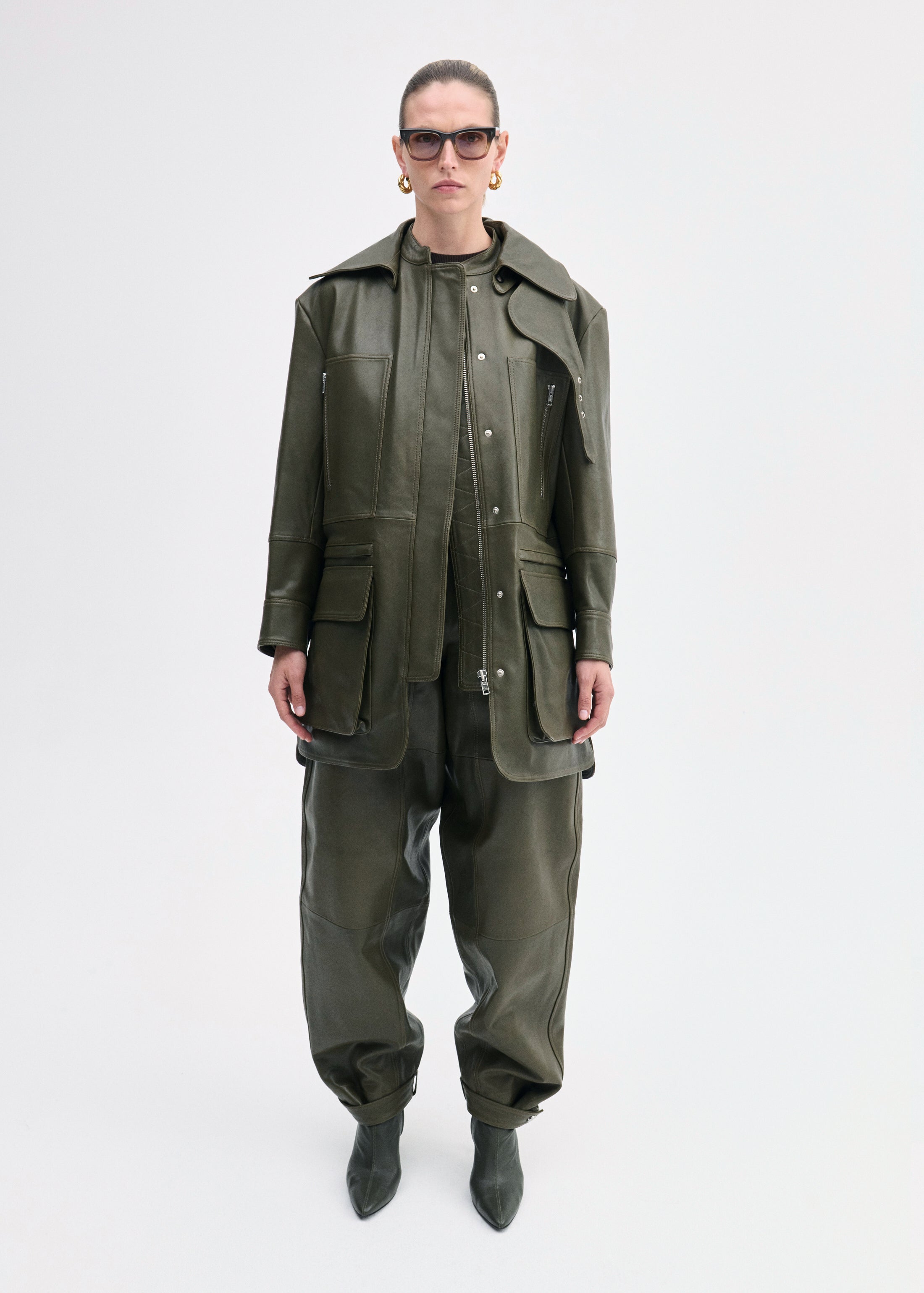 Oversized Field Jacket in Leather - Olive