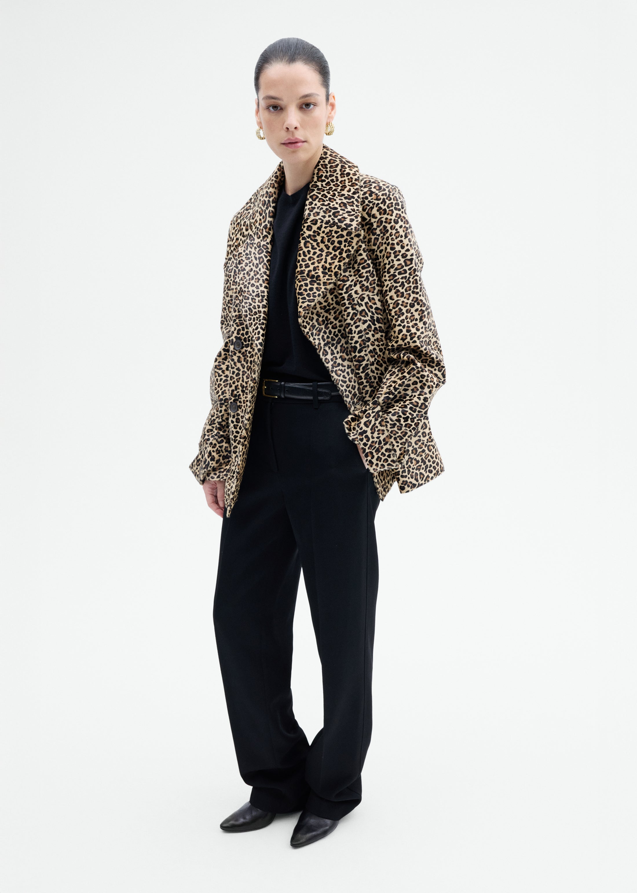 Double Faced Leopard Peacoat in Calf Hair - Leopard