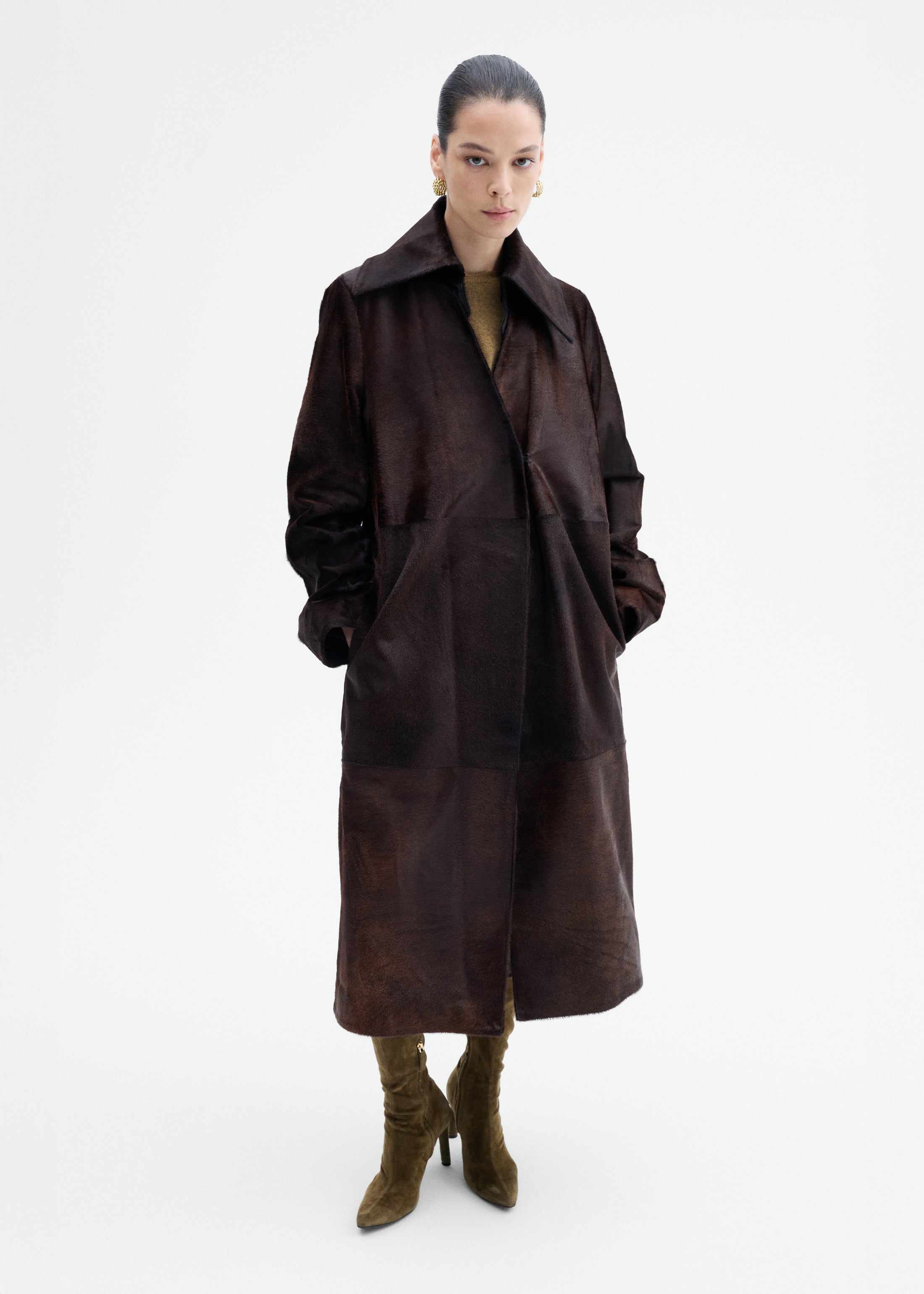 Polished Calf Hair Coat in Chocolate - Chocolate