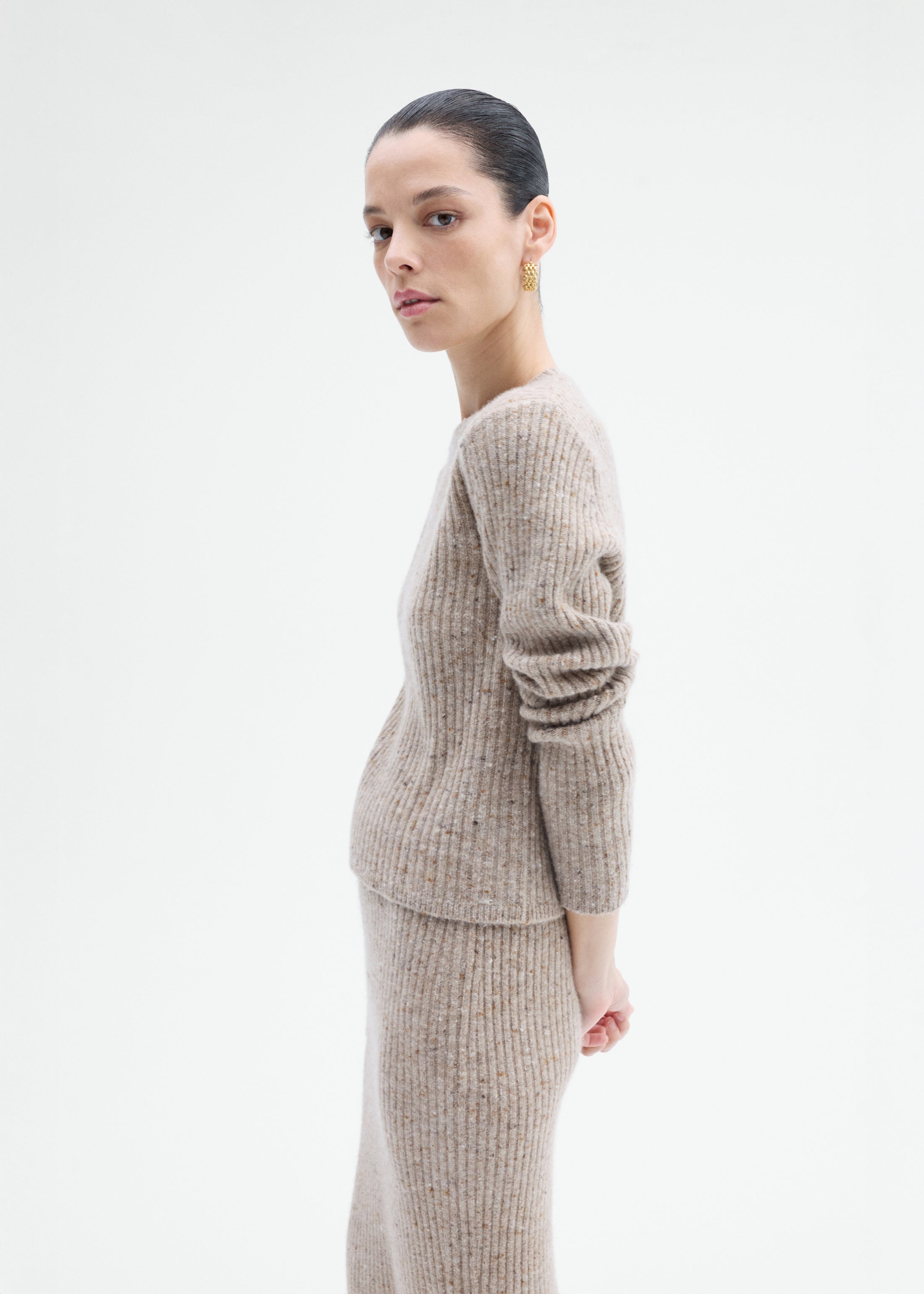 Fitted Long Sleeve Knit in Wool Cashmere - Antelope