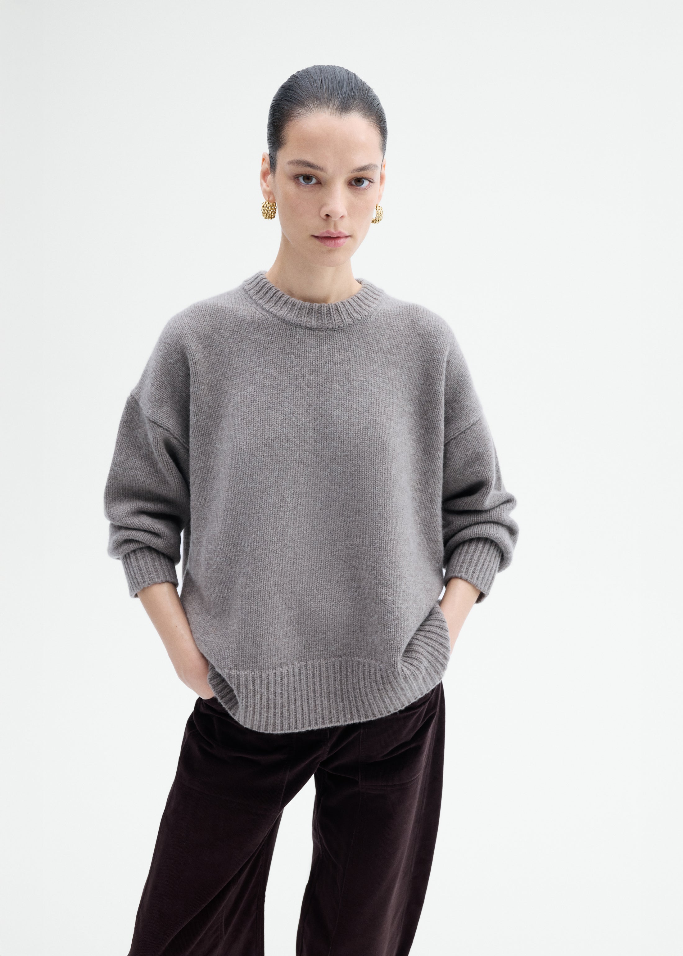 Boyfriend Crew Sweater in Wool Cashmere - Taupe