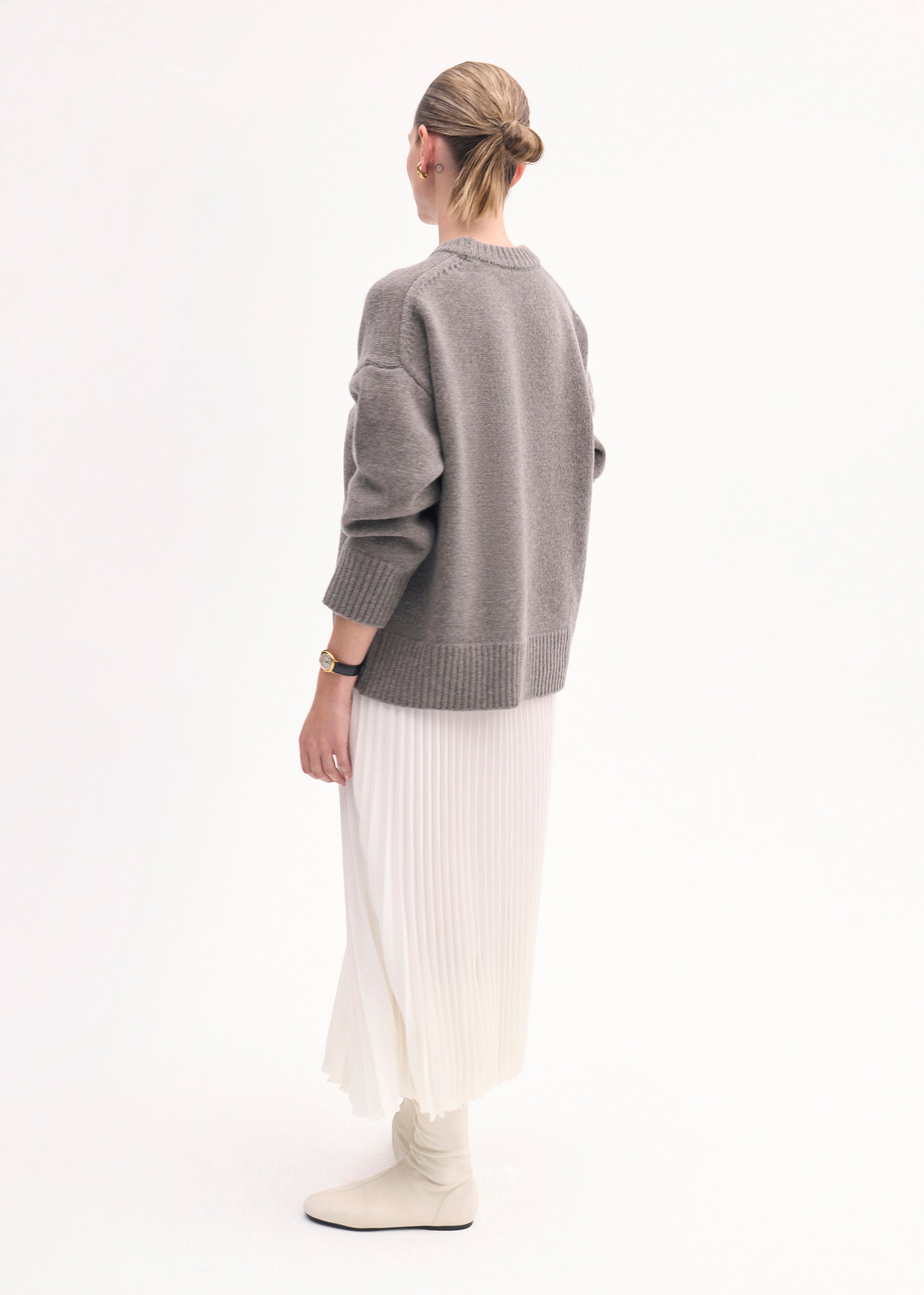 Pleated Elastic Waist Skirt in Stretch Crepe - Ivory