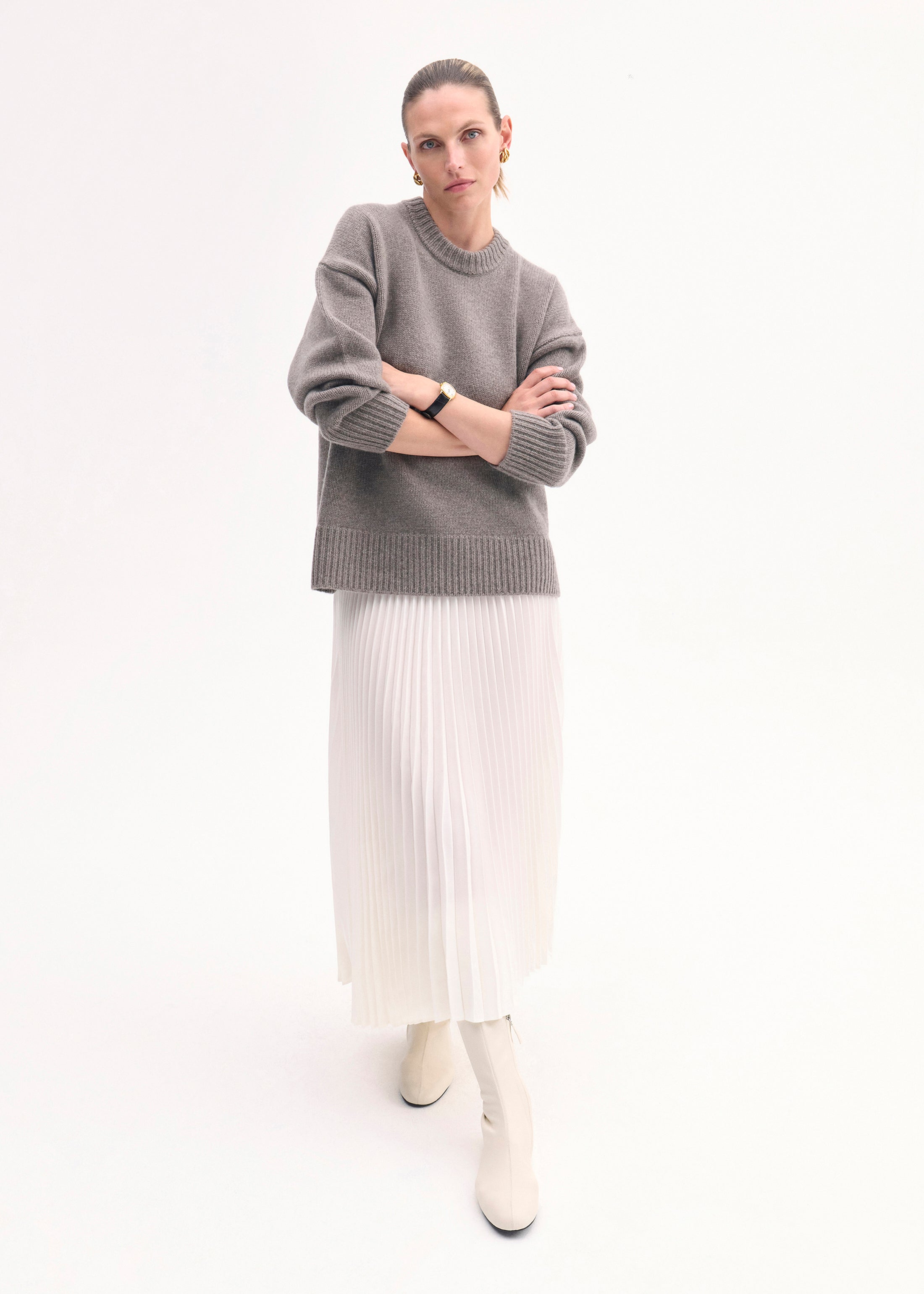 Pleated Elastic Waist Skirt in Stretch Crepe - Ivory