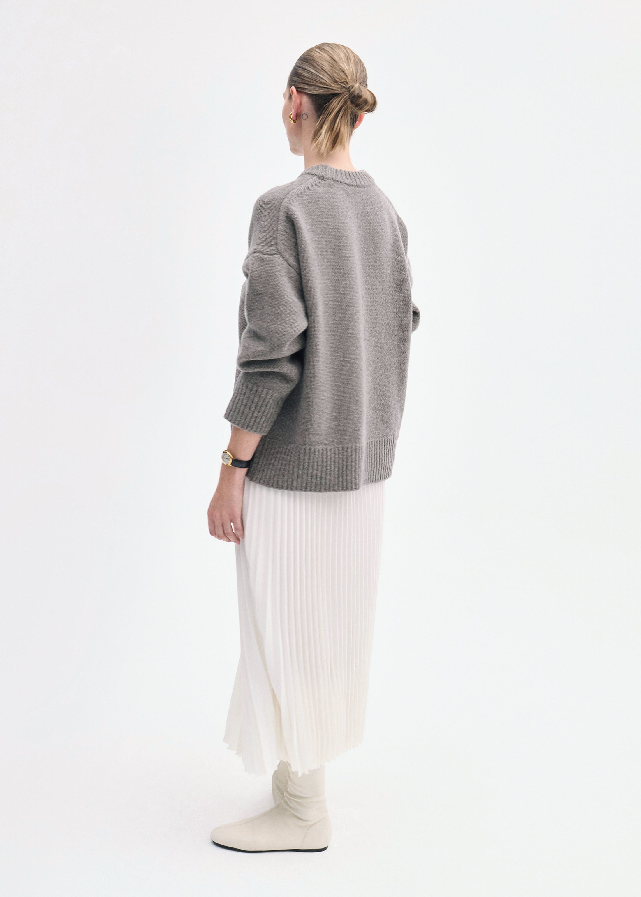 Pleated Elastic Waist Skirt in Stretch Crepe - Ivory