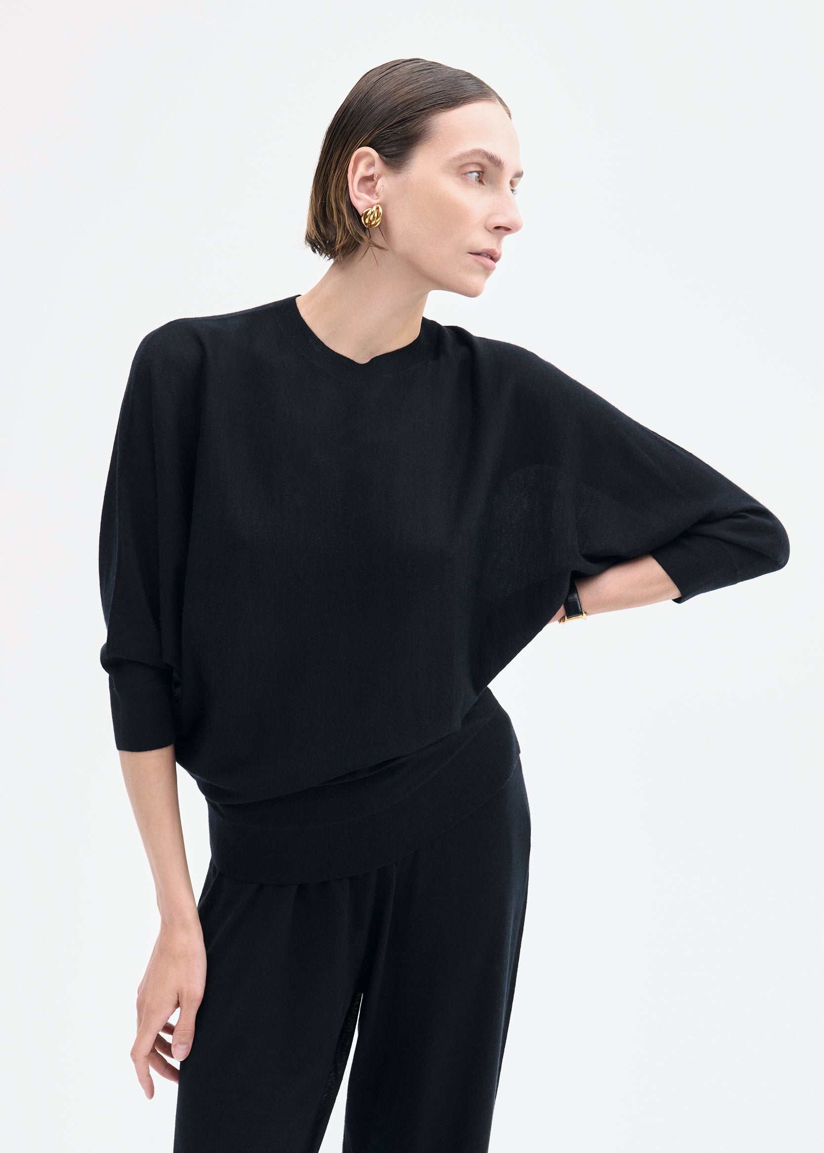 Draped Knit Top in Fine Cashmere - Black