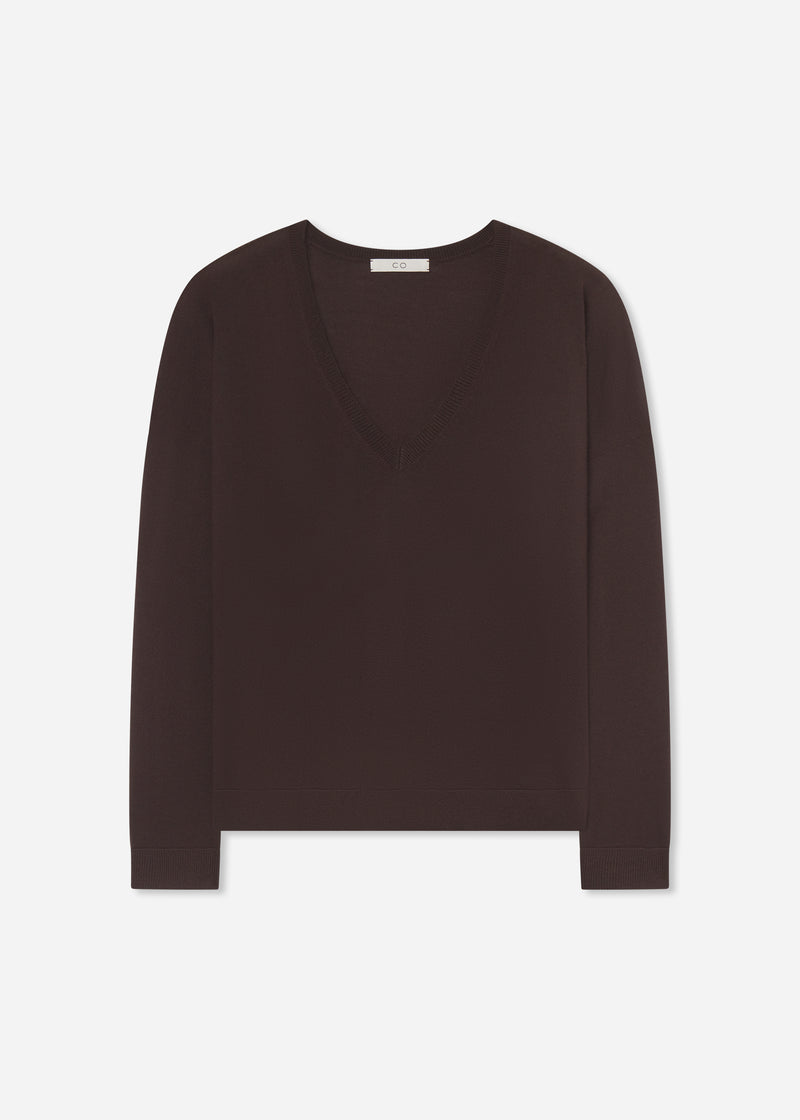 V-Neck Sweater in Fine Cashmere - Chocolate - CO
