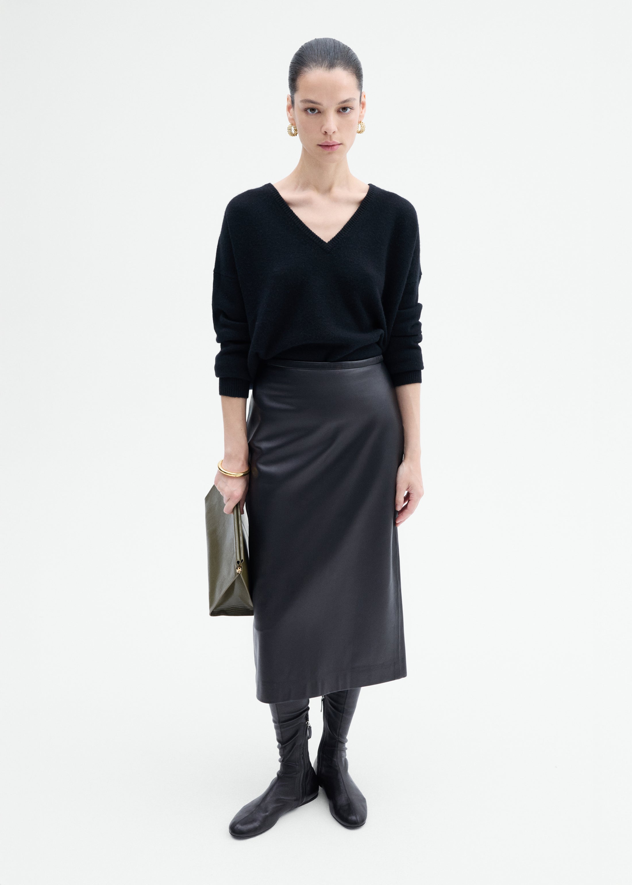 Midi Pencil Skirt in Leather - Black