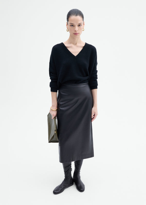 Midi Pencil Skirt in Leather - Black - CO