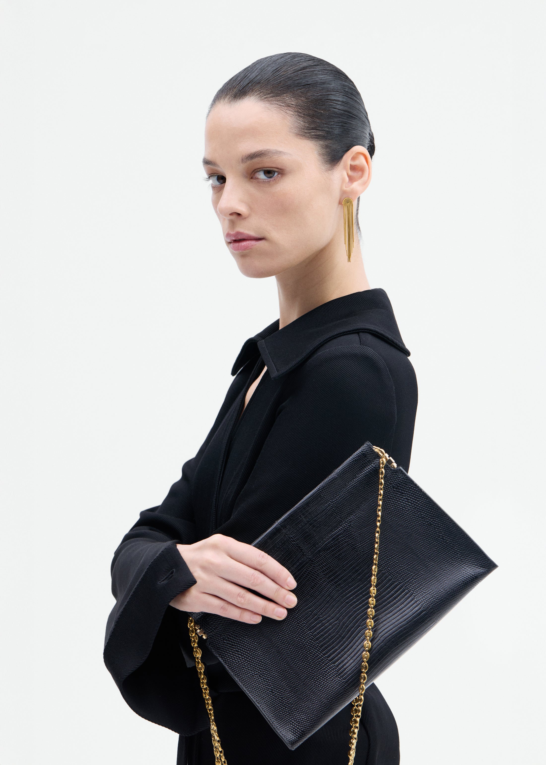 Small Leather Clutch with Chain - Black
