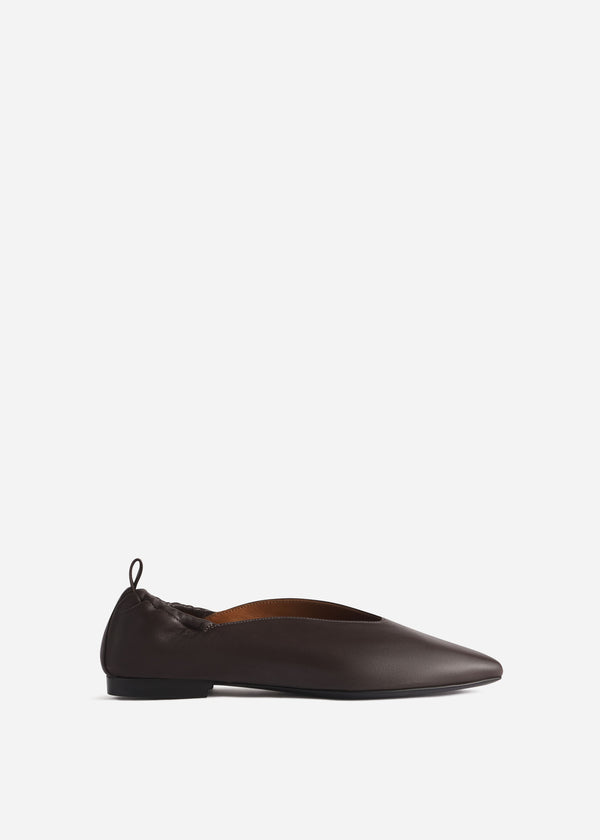 Leather Ruched Back Pointed Flat in Chocolate - CO