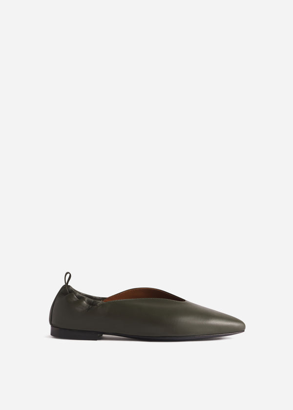 Leather Ruched Back Pointed Flat in Olive - CO