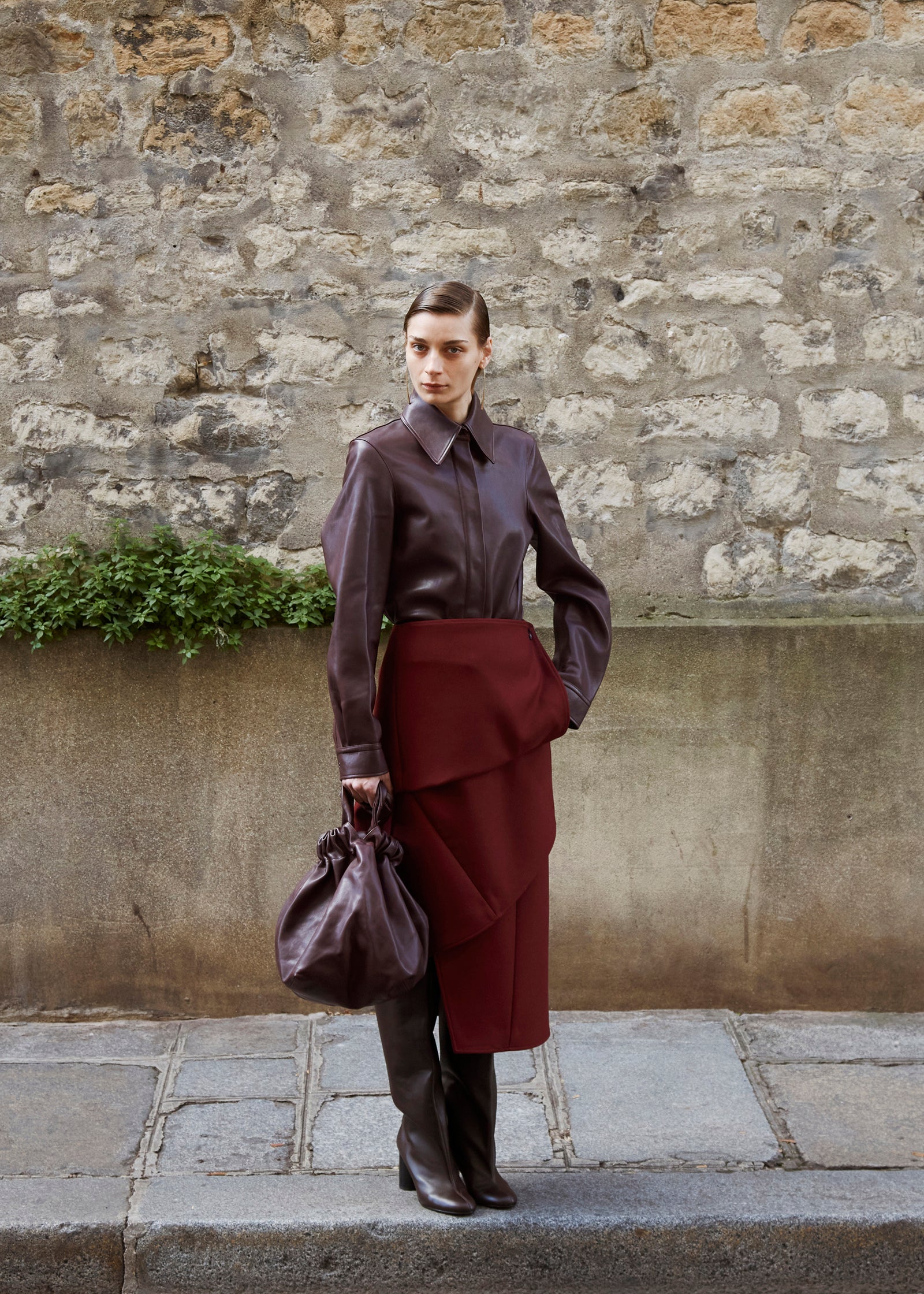 Structured Button Down Shirt in Lambskin - Bordeaux