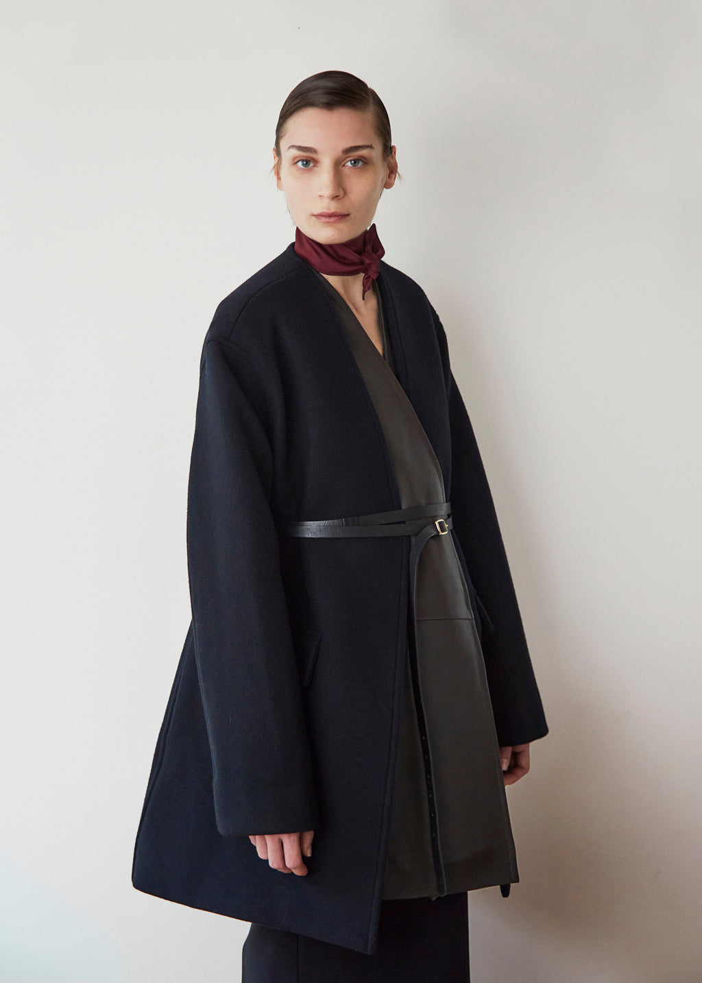 Collarless Coat in Melton Wool - Black - CO