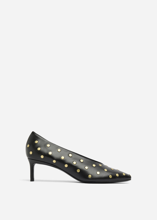 Studded Kitten Heel in Calf Skin Leather - Black - CO