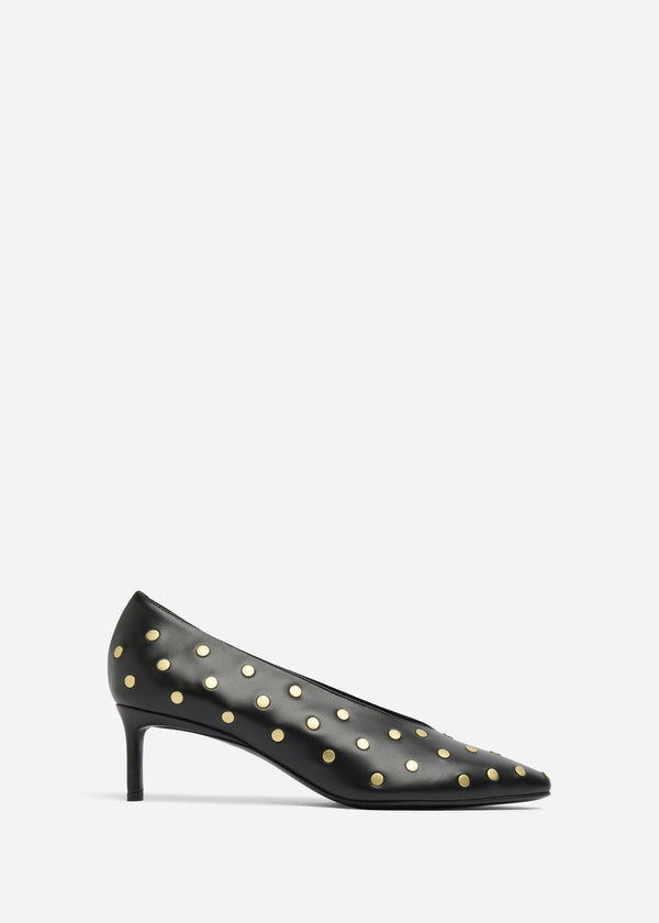 Studded Kitten Heel in Calf Skin Leather - Black - CO
