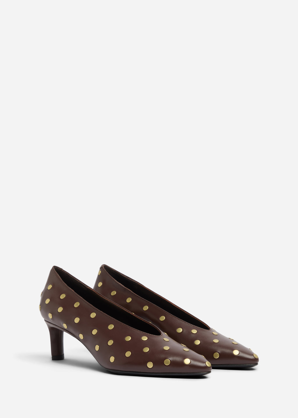 Studded Kitten Heel in Calf Skin Leather - Chocolate - CO