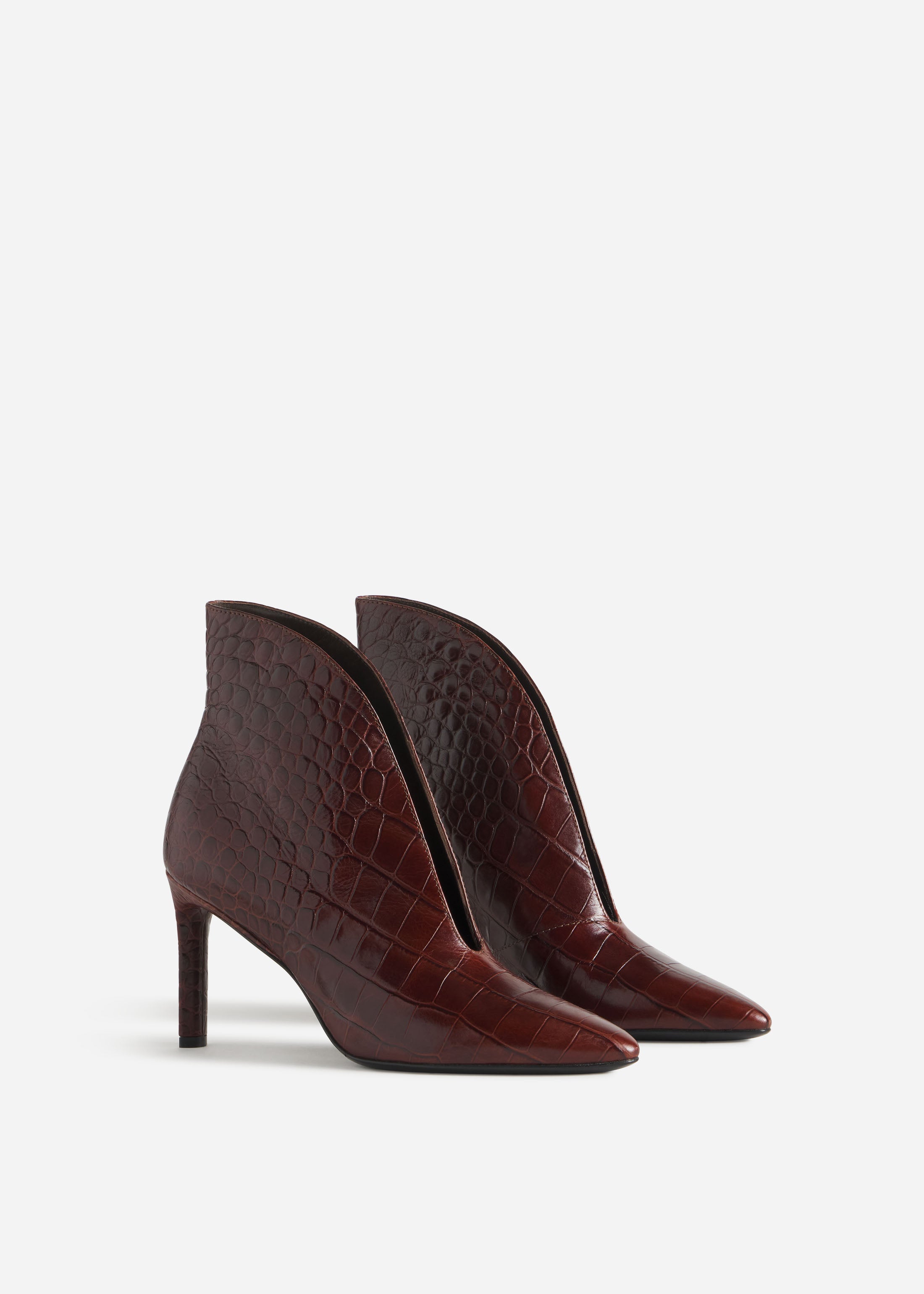 V-Cut Heeled Bootie in Embossed Leather - Chocolate Croc, image 2 of 3