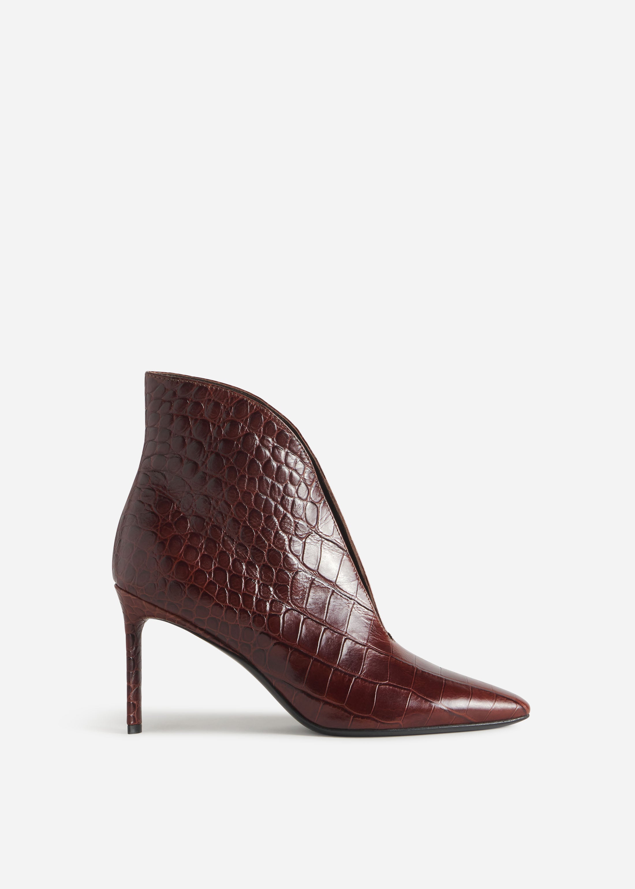 V-Cut Heeled Bootie in Embossed Leather - Chocolate Croc, image 1 of 3