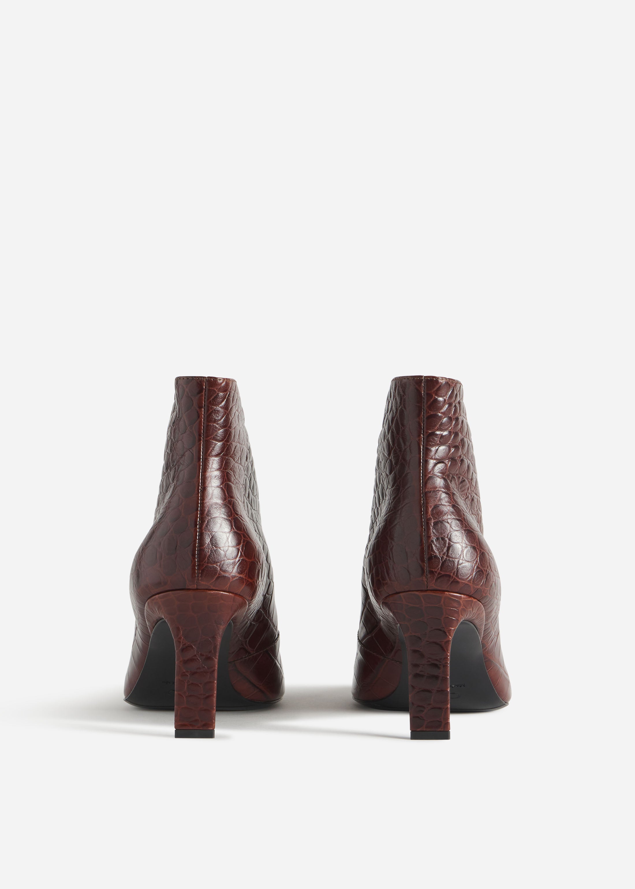 V-Cut Heeled Bootie in Embossed Leather - Chocolate Croc, image 3 of 3