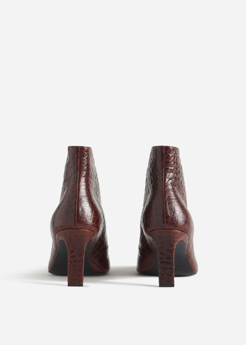 V-Cut Heeled Bootie in Embossed Leather - Chocolate Croc, image 3 of 3