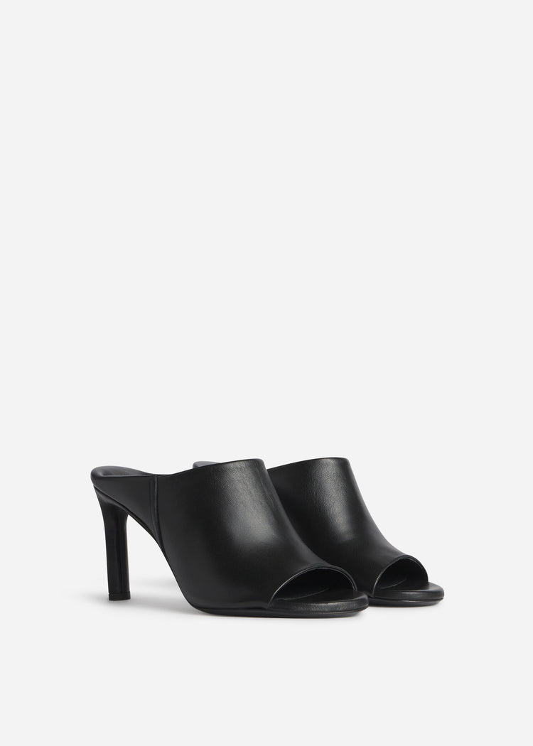 Open Toe Heeled Mule in Smooth Leather - Black, image 2 of 3