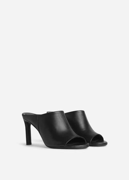 Open Toe Heeled Mule in Smooth Leather - Black, image 2 of 3
