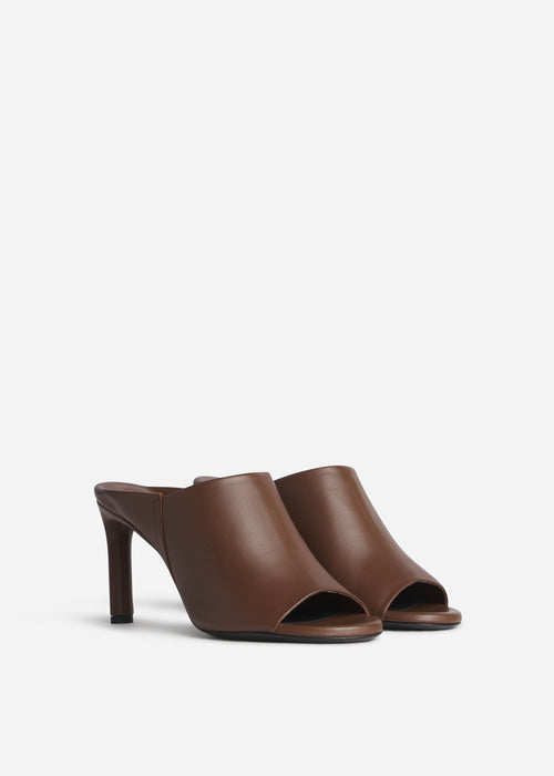 Open Toe Heeled Mule in Smooth Leather - Cognac, image 2 of 3